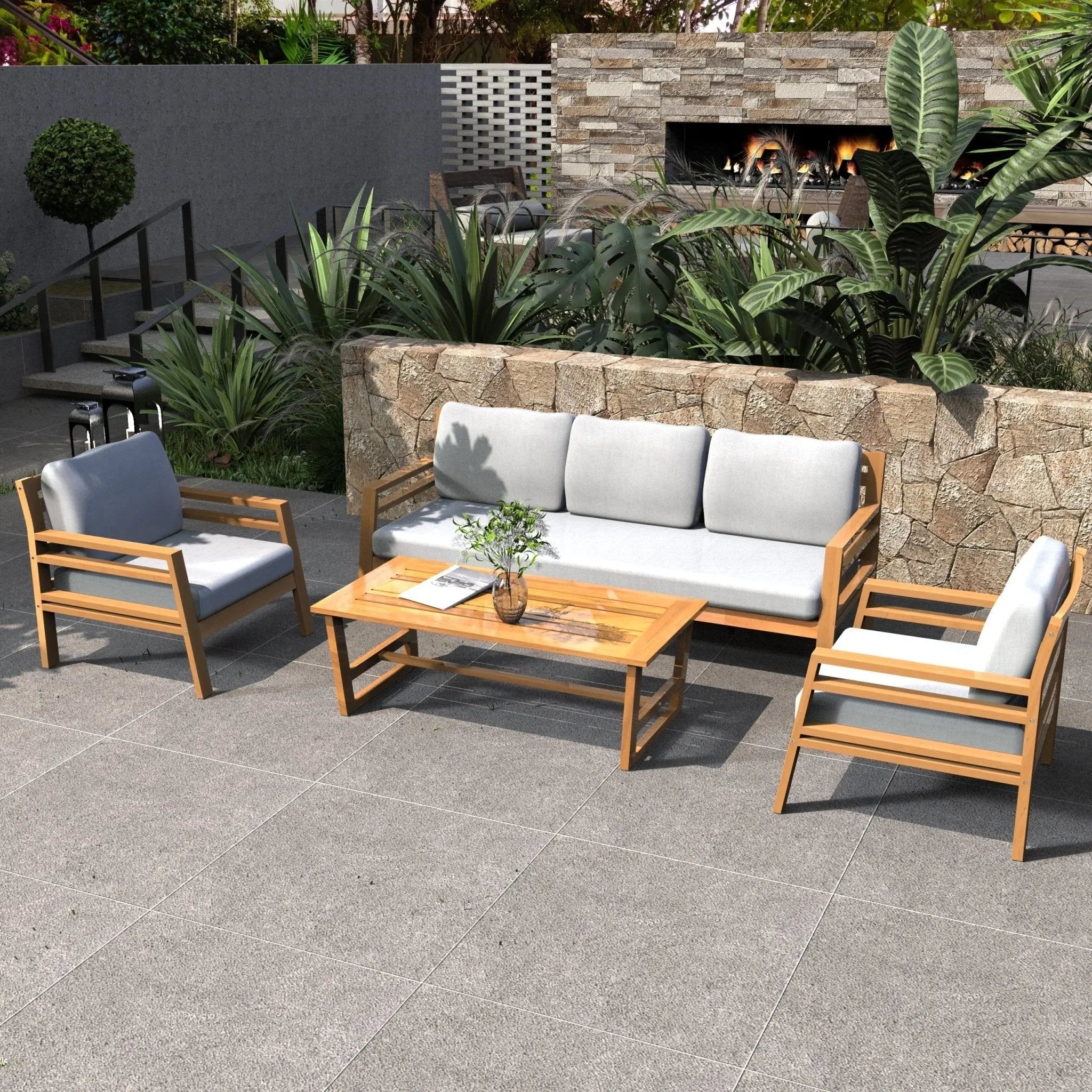 Rebel 5-Seater Wood Patio Conversation Set (PAS-2520-3SC+SC*2+TA) - Direct Wicker