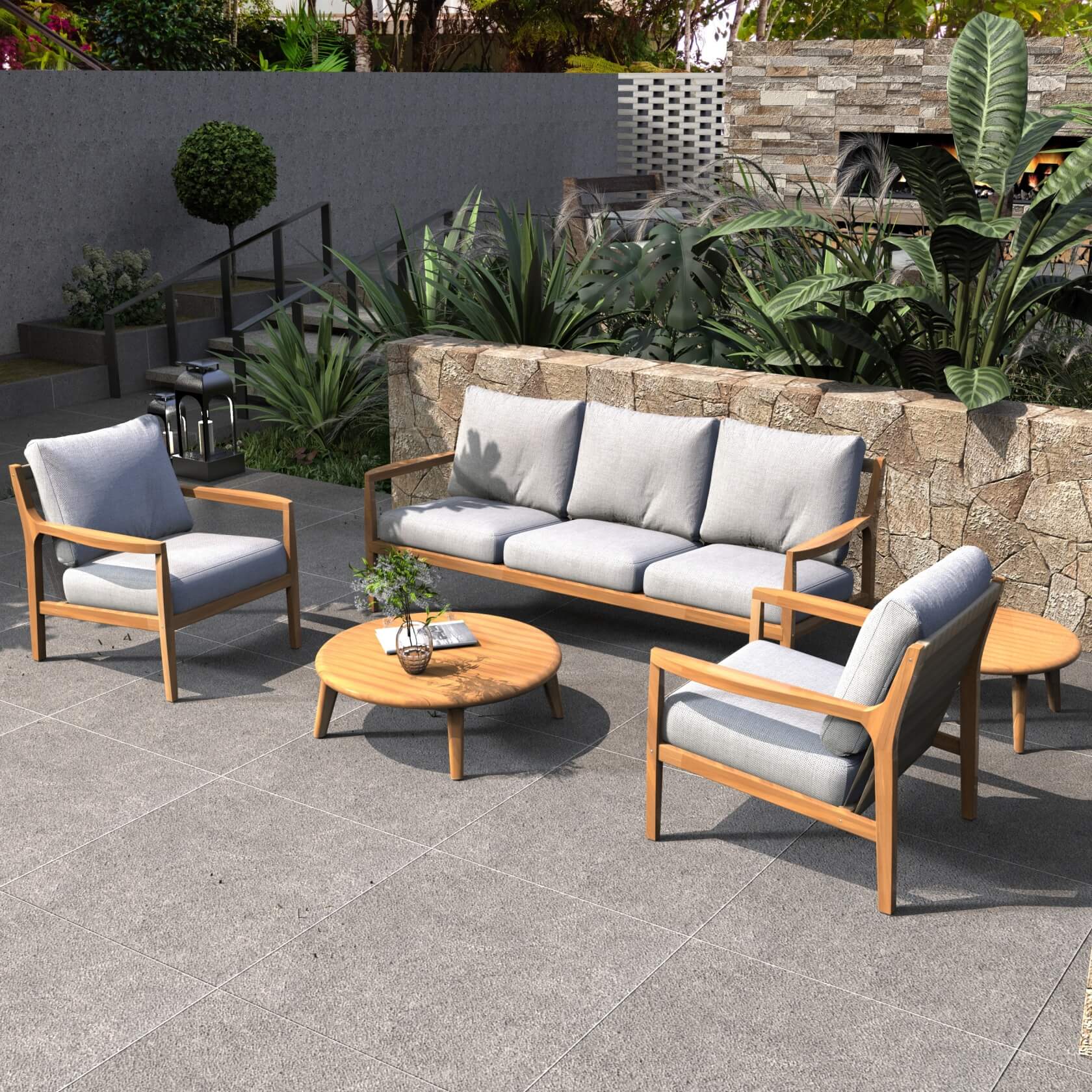 Rebel 5 - Seater Wood Patio Conversation Set with Side Table(PAS - 2513 - 3SC+SC*2+TA+ST) - Direct Wicker