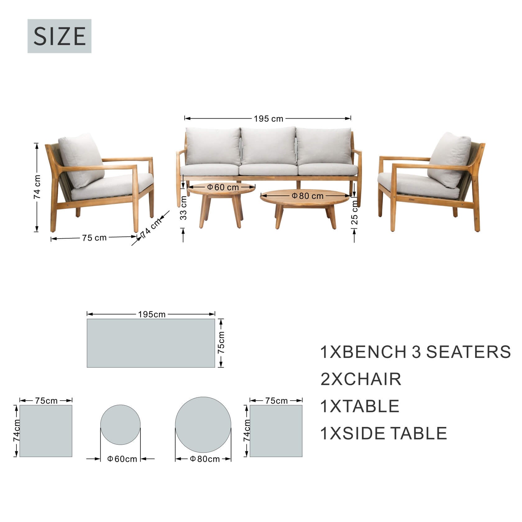Rebel 5 - Seater Wood Patio Conversation Set with Side Table(PAS - 2513 - 3SC+SC*2+TA+ST) - Direct Wicker