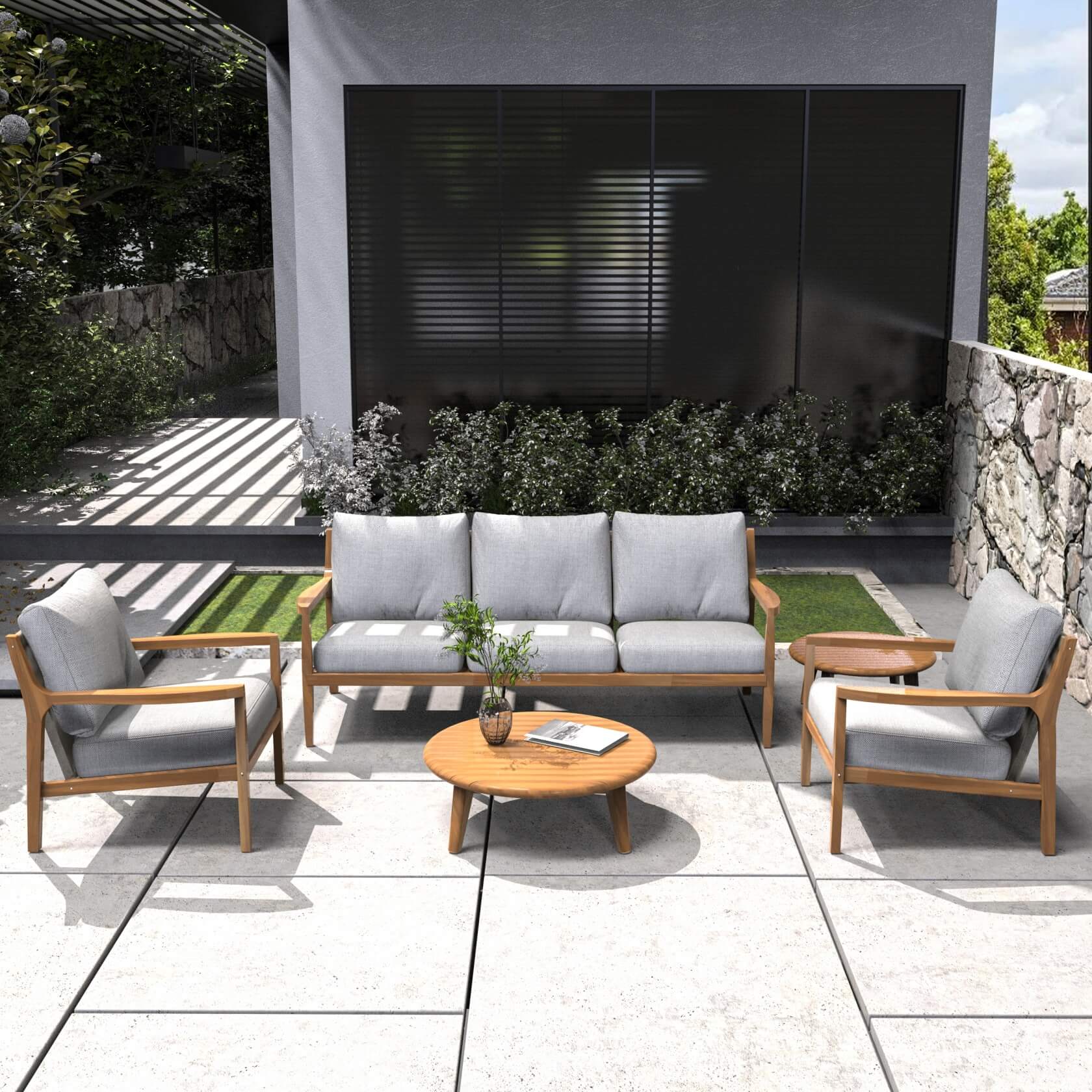 Rebel 5 - Seater Wood Patio Conversation Set with Side Table(PAS - 2513 - 3SC+SC*2+TA+ST) - Direct Wicker