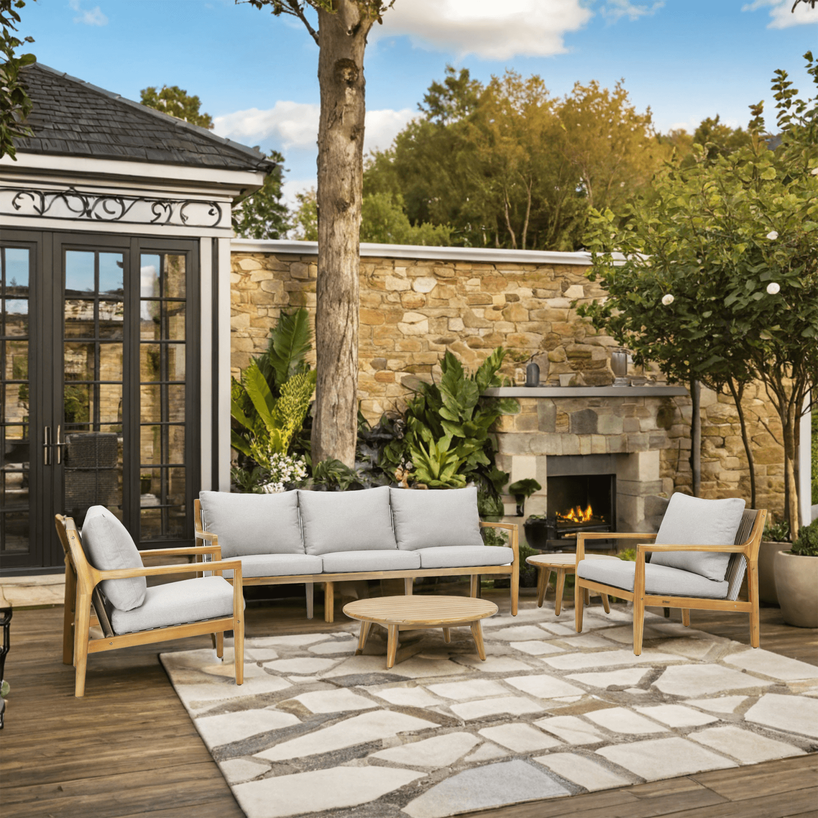Rebel 5 - Seater Wood Patio Conversation Set with Side Table(PAS - 2513 - 3SC+SC*2+TA+ST) - Direct Wicker