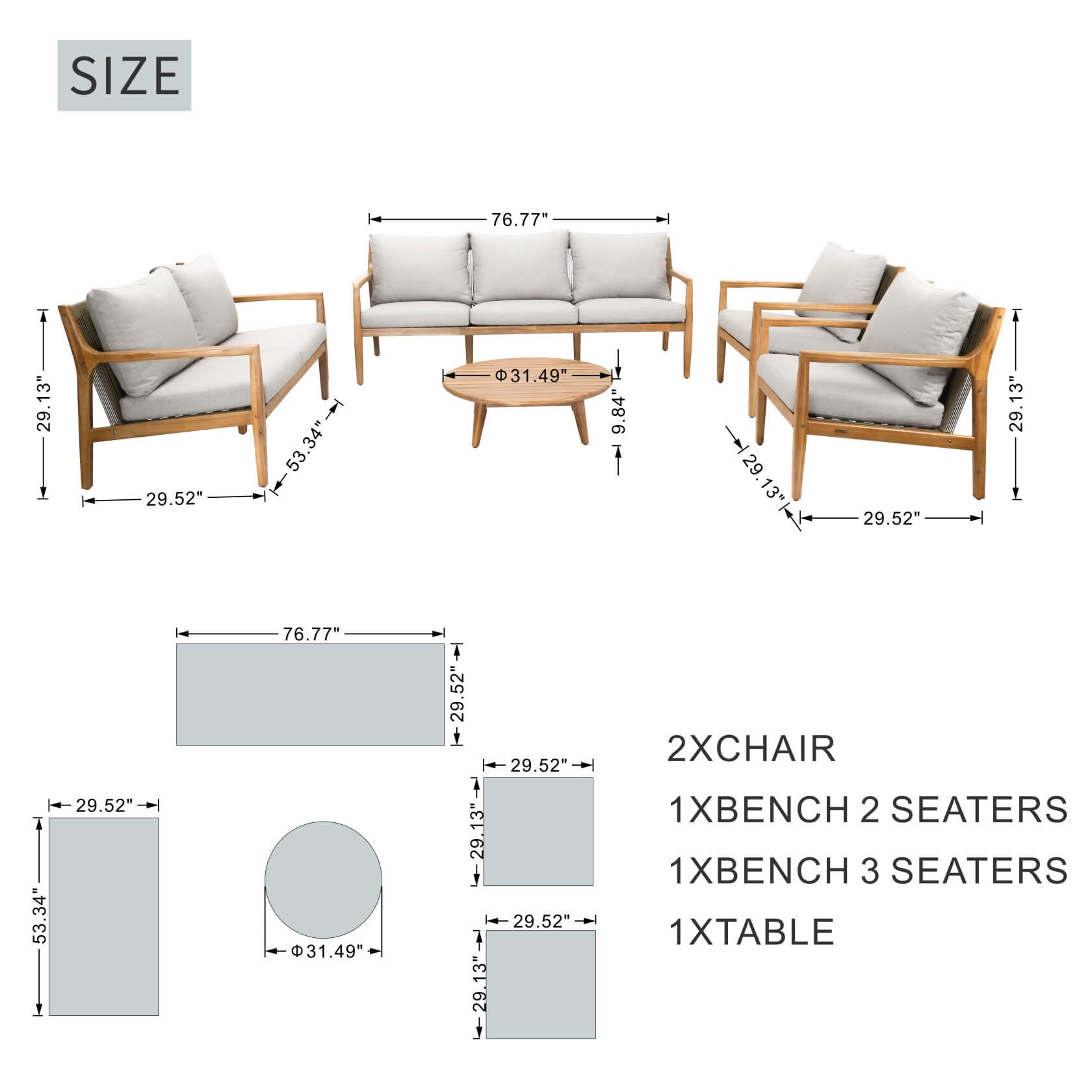 Rebel 7 - Seater Wood Patio Conversation Set (PAS - 2513 - 3SC+2SC+SC*2+TA) - Direct Wicker