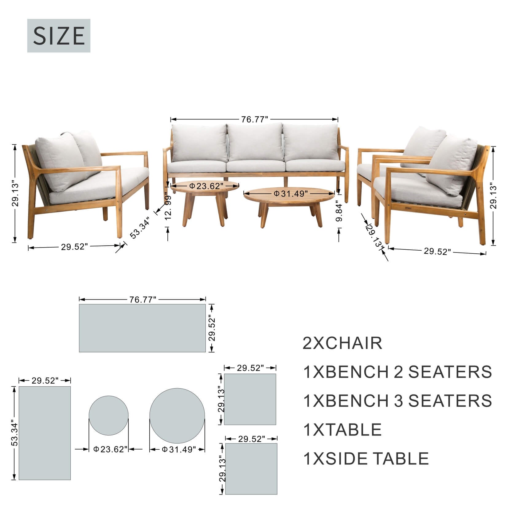 Rebel 7 - Seater Wood Patio Conversation Set with CoffeeTable & Side Table (PAS - 2513 - 7 - Seat) - Direct Wicker