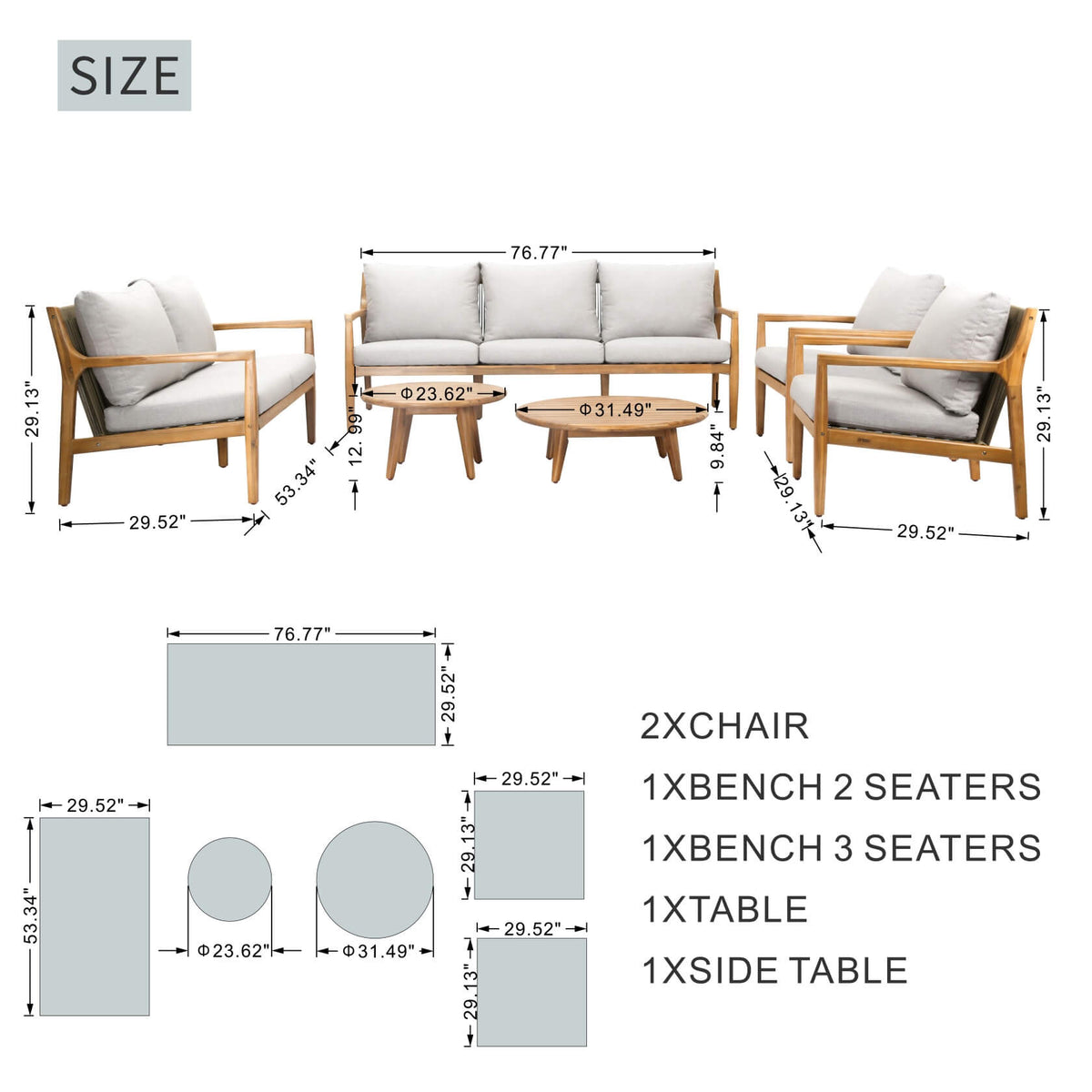 Rebel 7 - Seater Wood Patio Conversation Set with CoffeeTable & Side Table (PAS - 2513 - 7 - Seat) - Direct Wicker