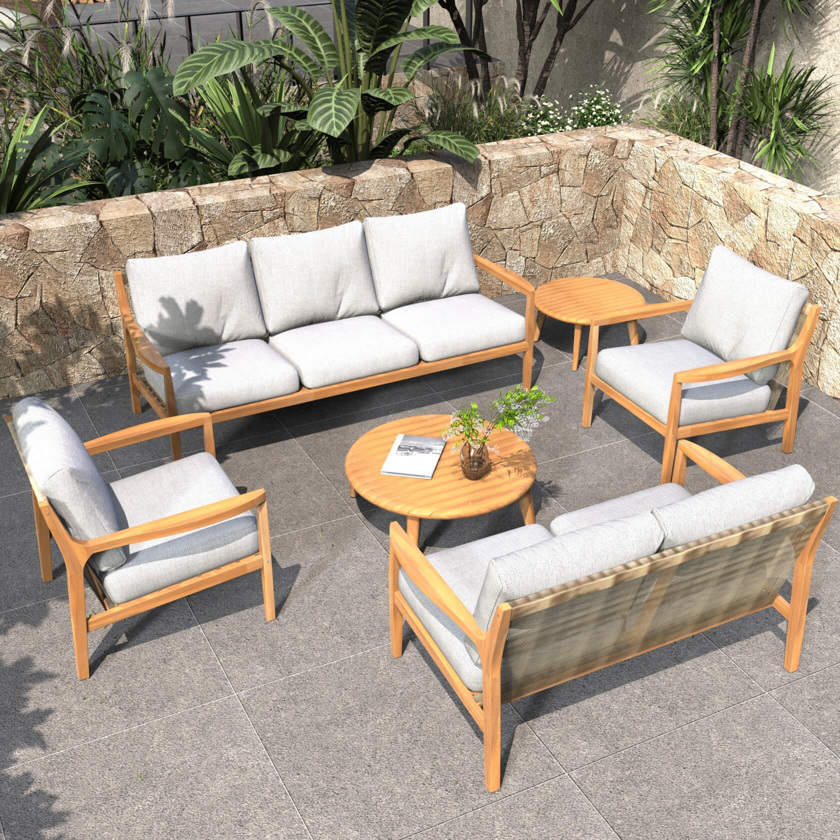 Rebel 7 - Seater Wood Patio Conversation Set with CoffeeTable & Side Table (PAS - 2513 - 7 - Seat) - Direct Wicker
