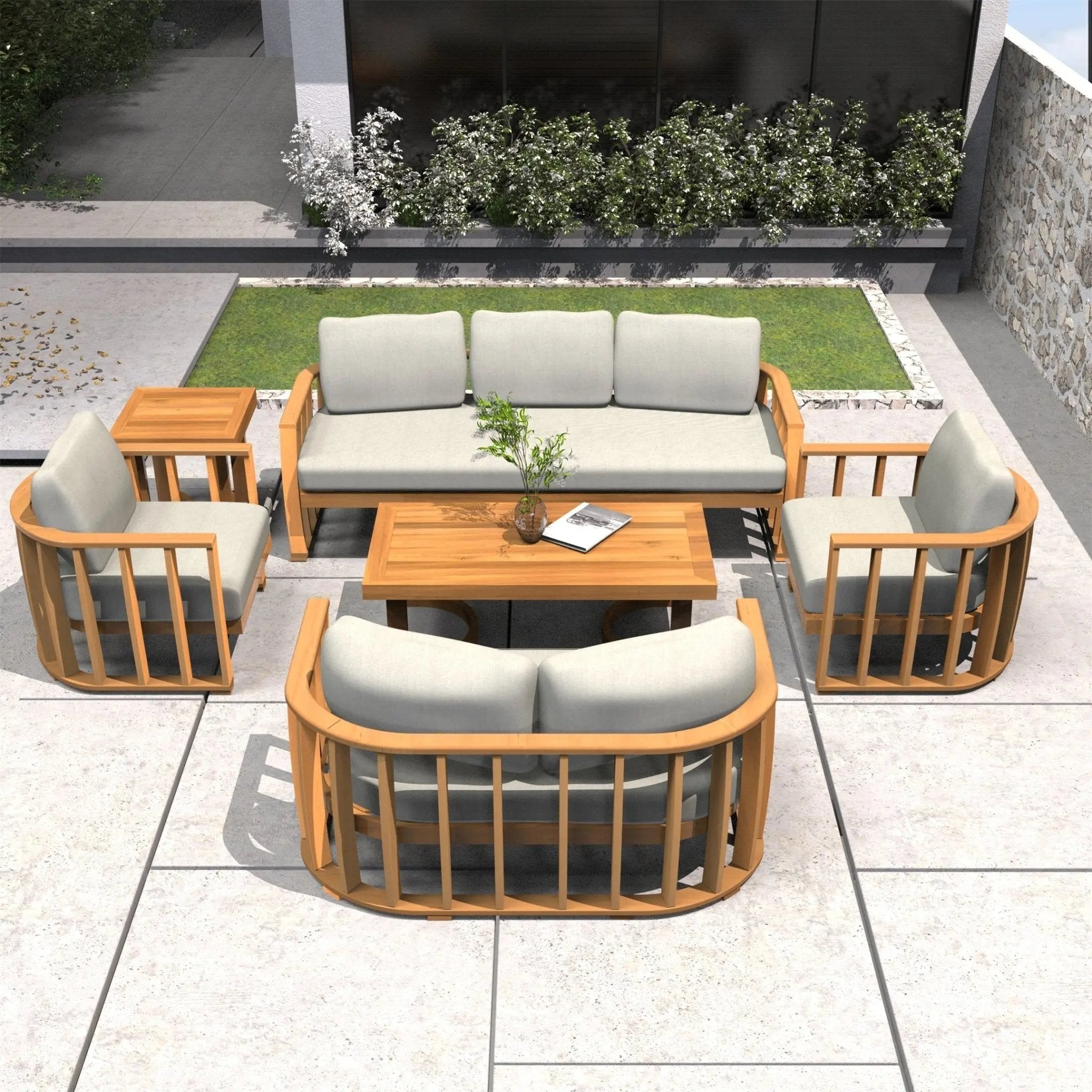 Rebel 7-Seater Wood Patio Conversation Set with Footstool (PAS-2521-3SC+2SC+SC2+TA+ST) - Direct Wicker