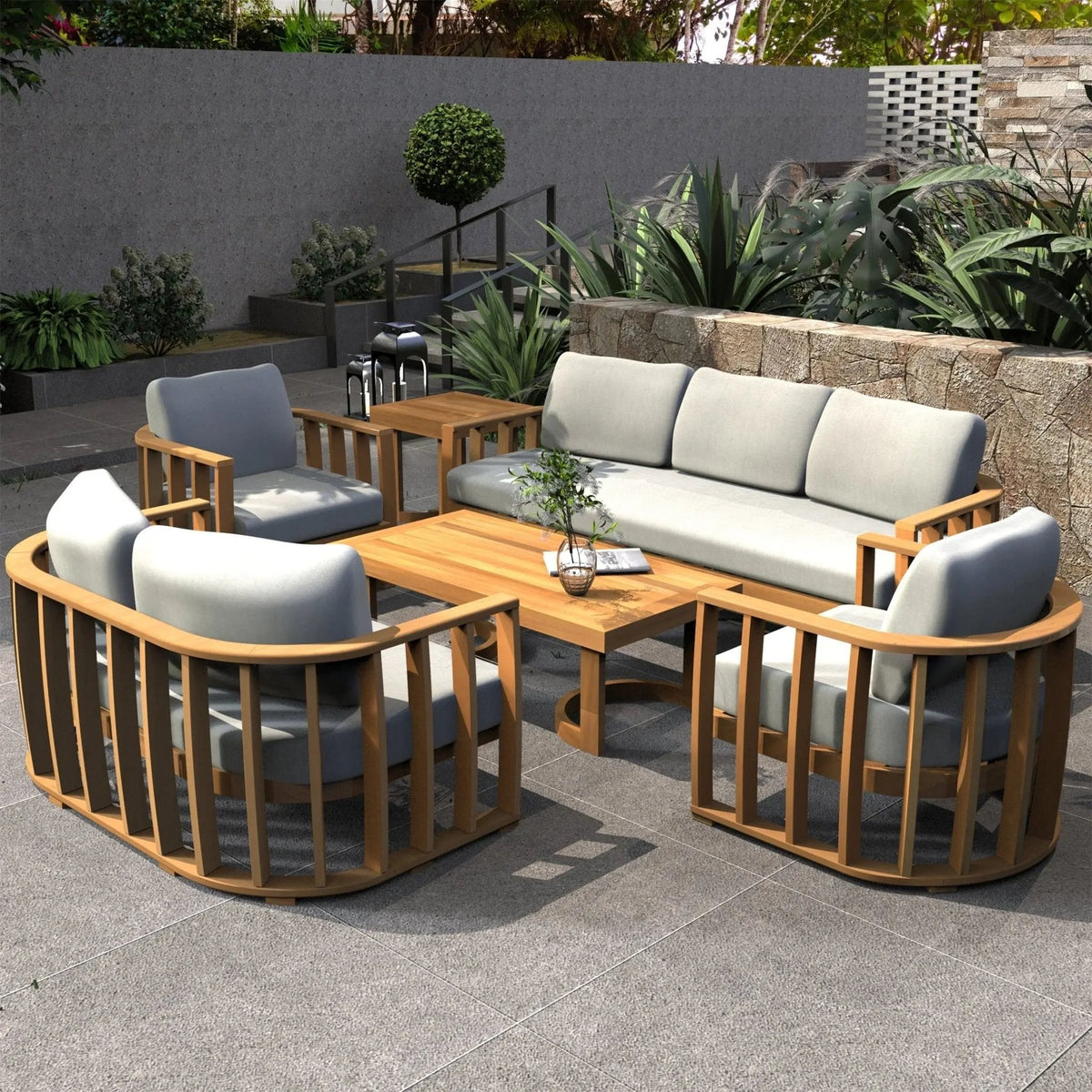 Rebel 7-Seater Wood Patio Conversation Set with Footstool (PAS-2521-3SC+2SC+SC2+TA+ST) - Direct Wicker