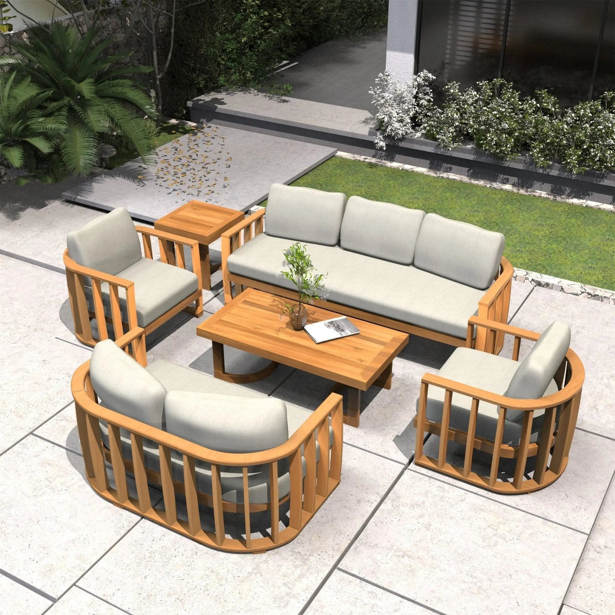 Rebel 7-Seater Wood Patio Conversation Set with Footstool (PAS-2521-3SC+2SC+SC2+TA+ST) - Direct Wicker