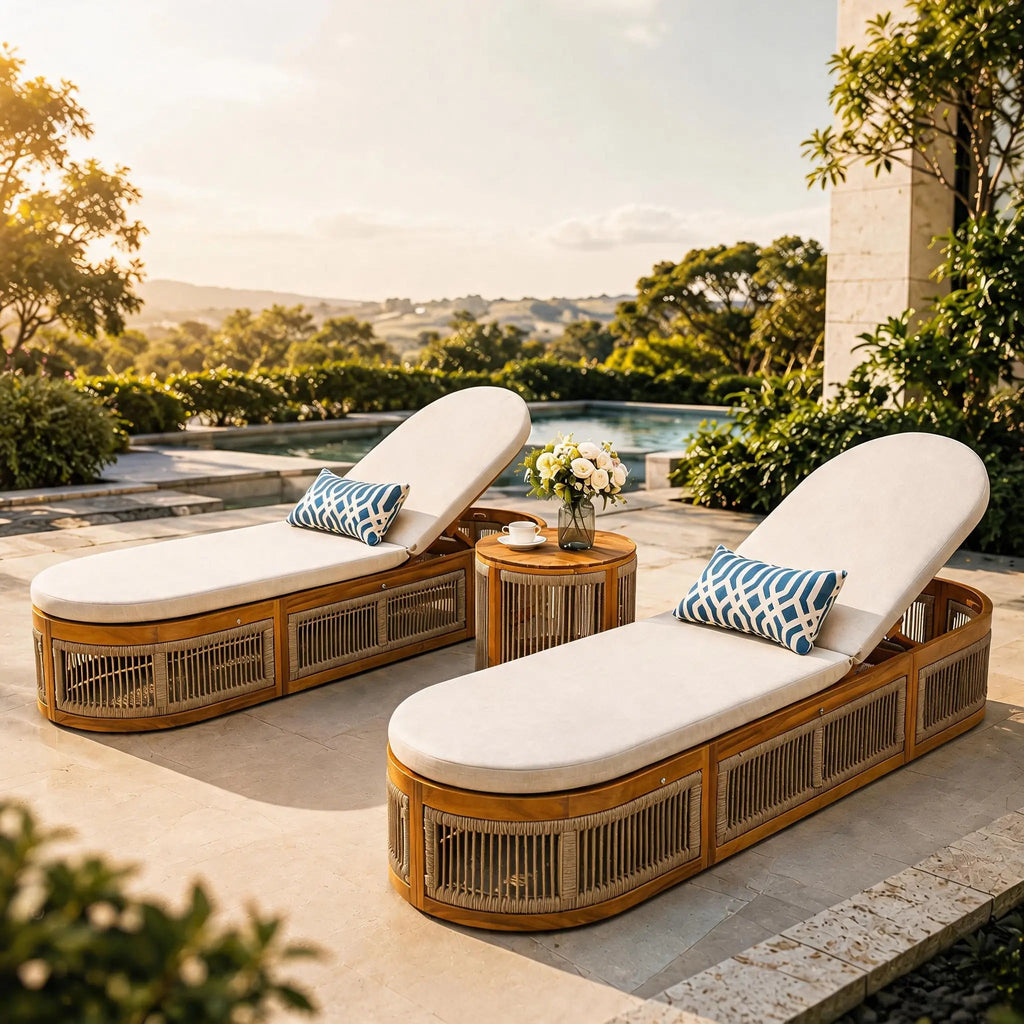 Rebel Solid Wood Lounge Set - 2 Loungers with Side Table, Woven Rope Design (PAL-2518-2DB+ST) - Direct Wicker