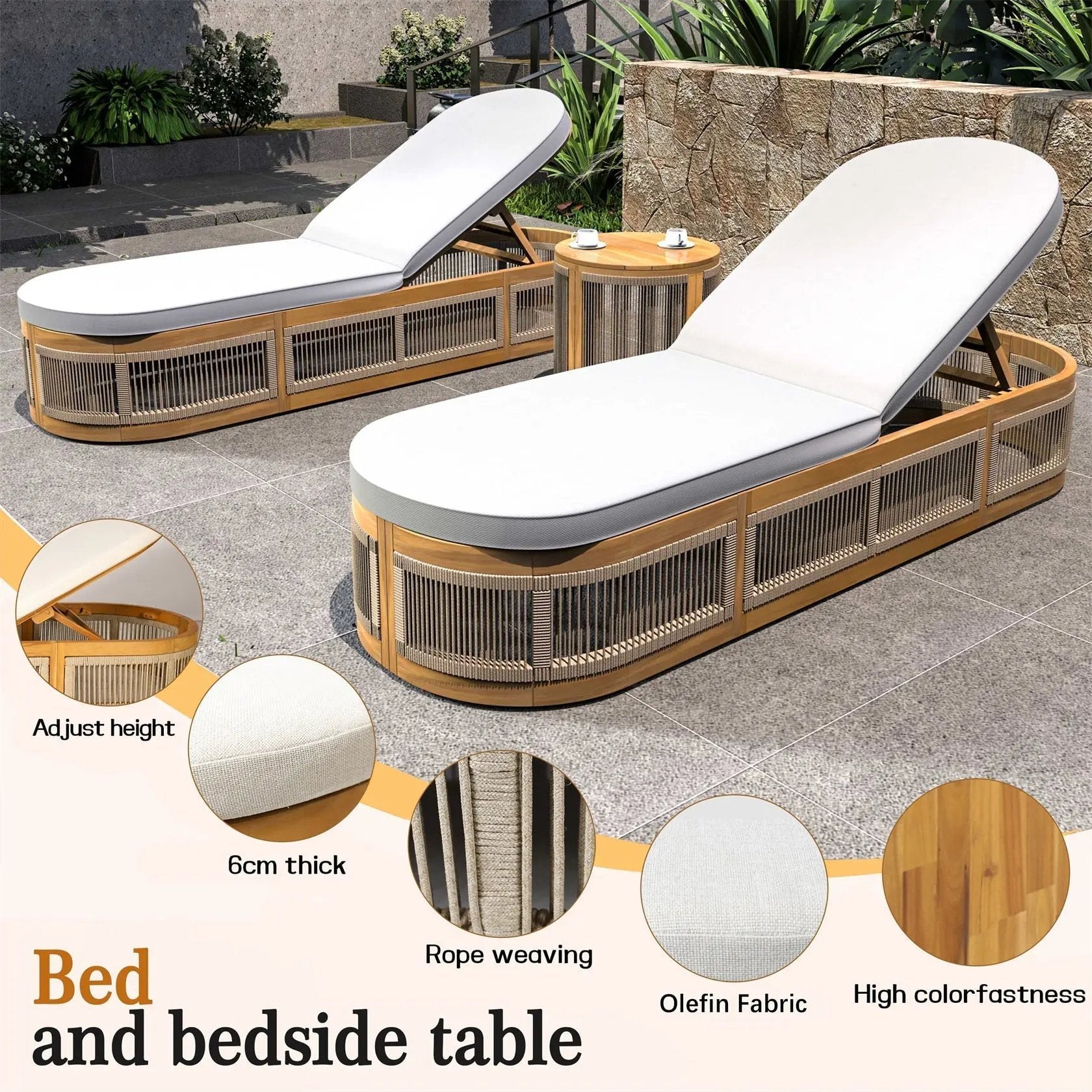 Rebel Solid Wood Lounge Set – 2 Loungers with Side Table, Woven Rope Design (PAL - 2518) - Direct Wicker