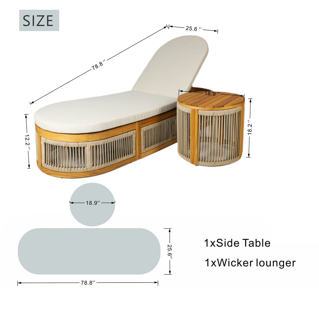 Rebel Solid Wood Lounge Set – Lounger with Side Table, Woven Rope Design (PAL - 2518) - Direct Wicker