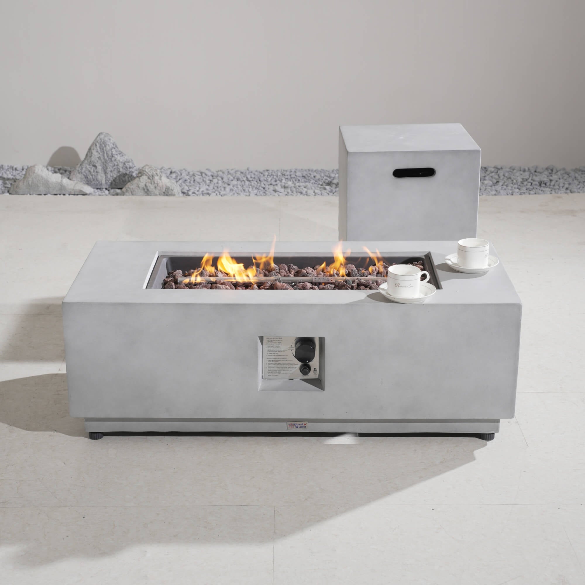 Rectangular Fire Pit Table with Propane Tank Side Table (PAG - 24924 - SET) - Direct Wicker