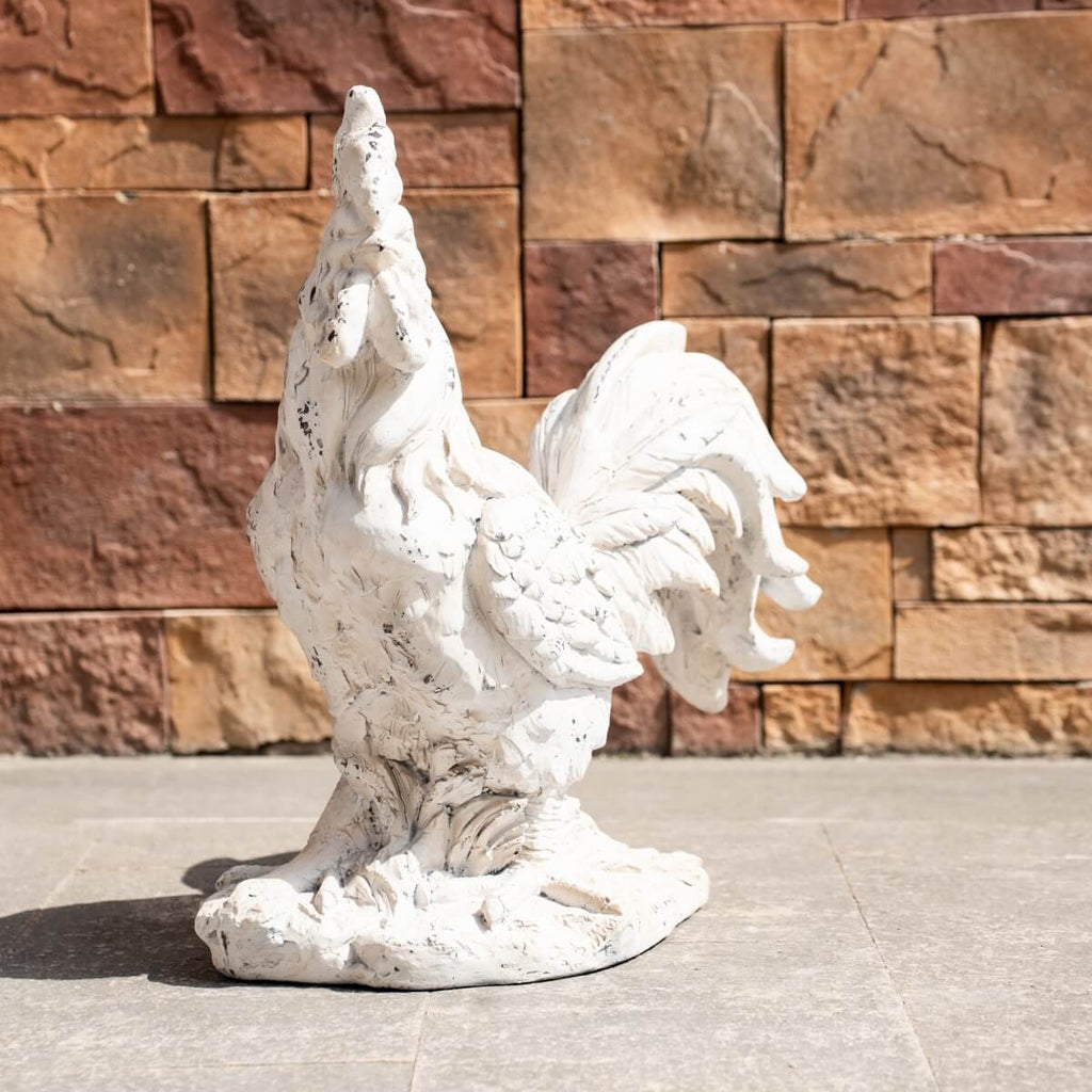 Rustic Antique White Rooster Magnesium Oxide Garden Sculpture (GS-2613-WH-QZYY) - Direct Wicker