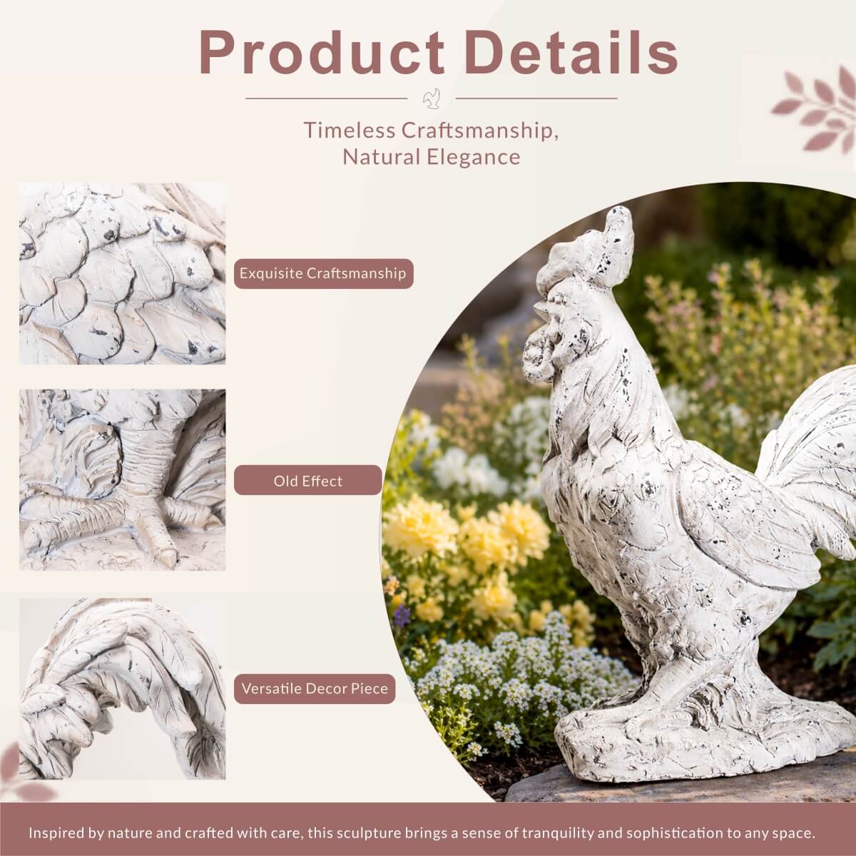 Rustic Antique White Rooster Magnesium Oxide Garden Sculpture (GS-2613-WH-QZYY) - Direct Wicker