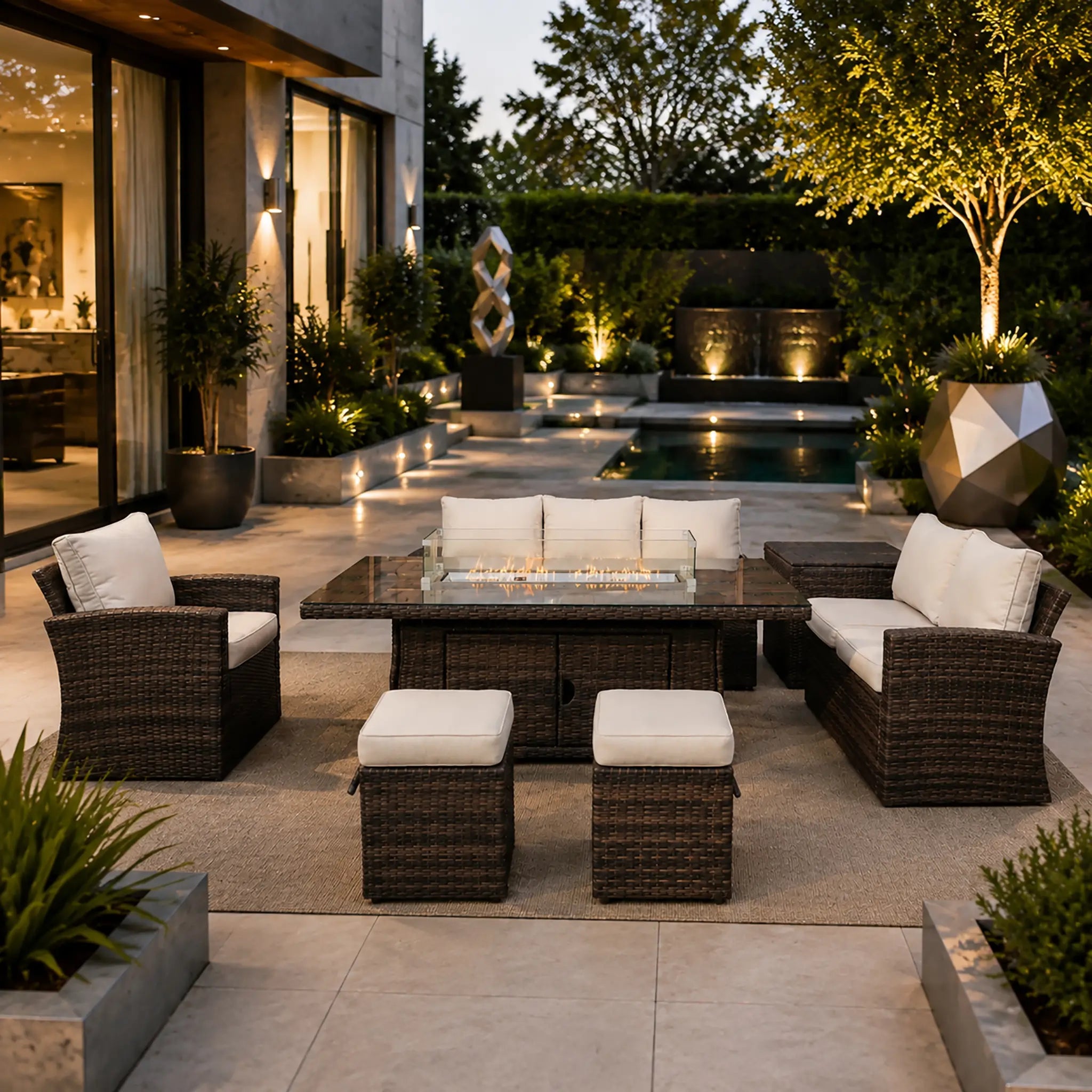 Santiago 6-Piece Outdoor Conversation Set with Rectangular Firepit Table (PAS-1403B+1106R) - Direct Wicker