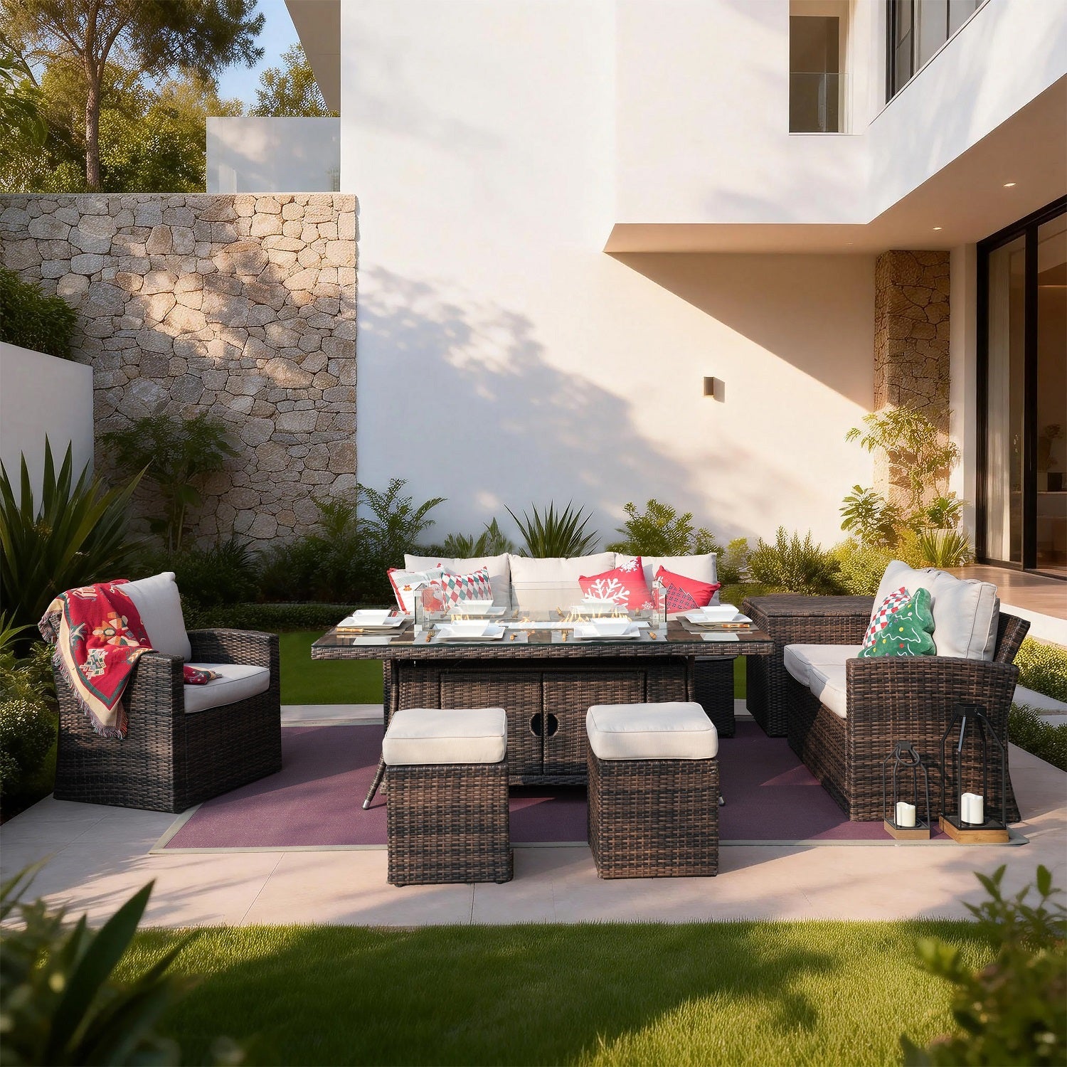 Santiago 6 - Piece Outdoor Conversation Set with Rectangular Firepit Table (PAS - 1403B+1106R) - Direct Wicker