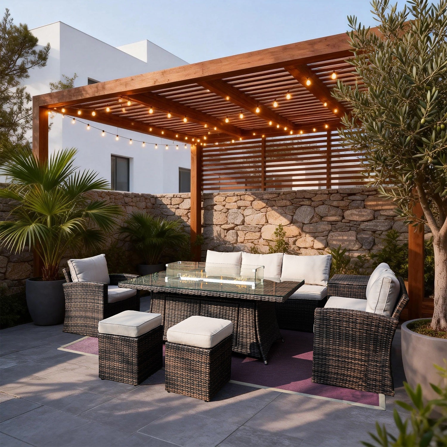 Santiago 6 - Piece Outdoor Conversation Set with Rectangular Firepit Table (PAS - 1403B+1106R) - Direct Wicker