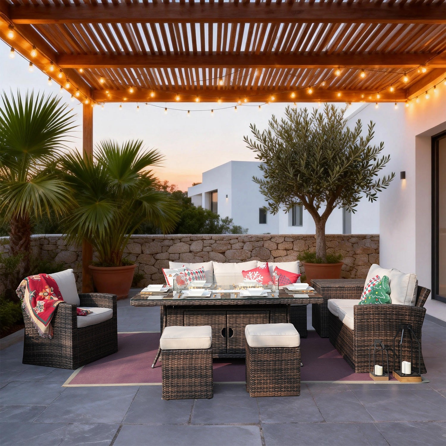 Santiago 6 - Piece Outdoor Conversation Set with Rectangular Firepit Table (PAS - 1403B+1106R) - Direct Wicker