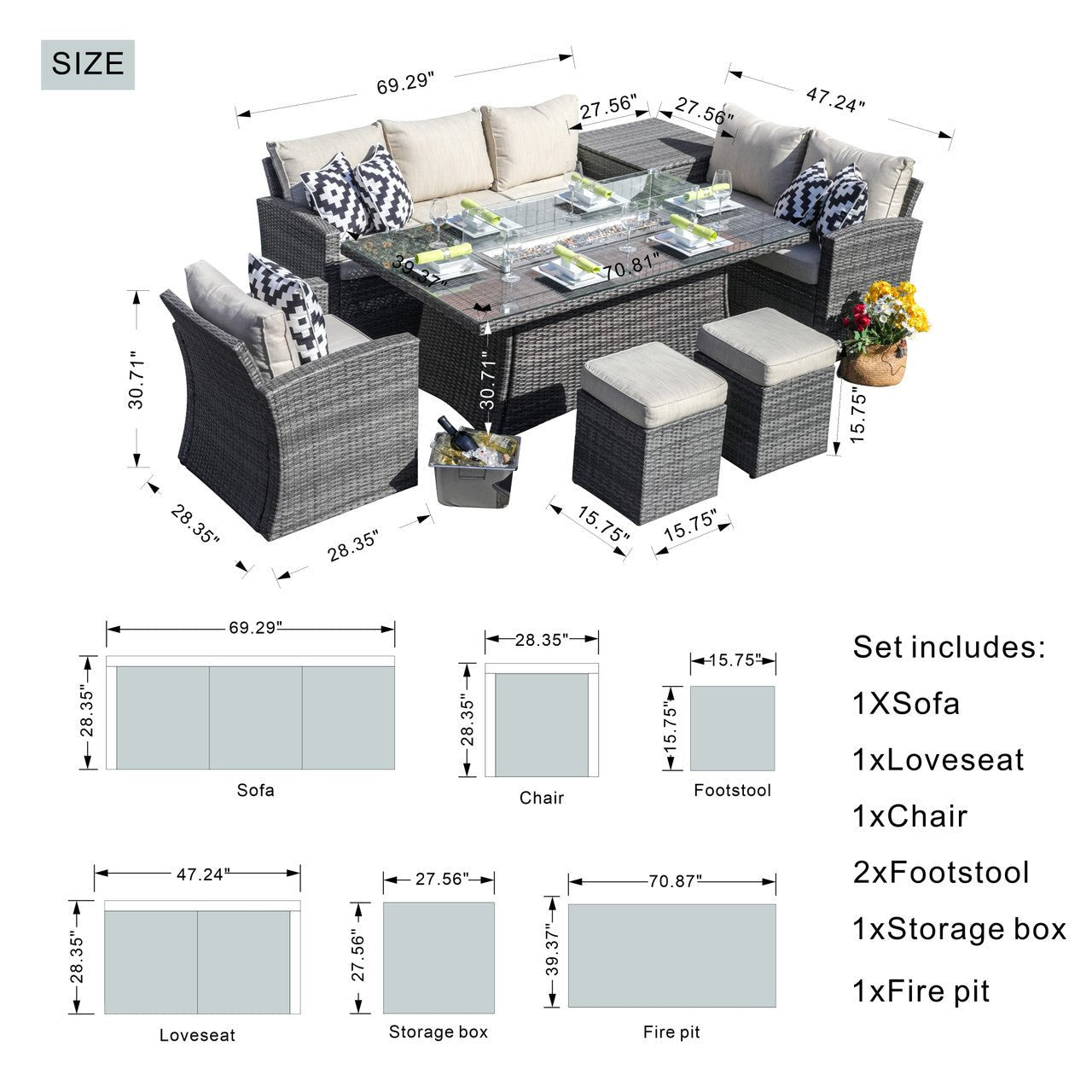 Santiago 6 - Piece Outdoor Conversation Set with Rectangular Firepit Table (PAS - 1403B+1106R) - Direct Wicker