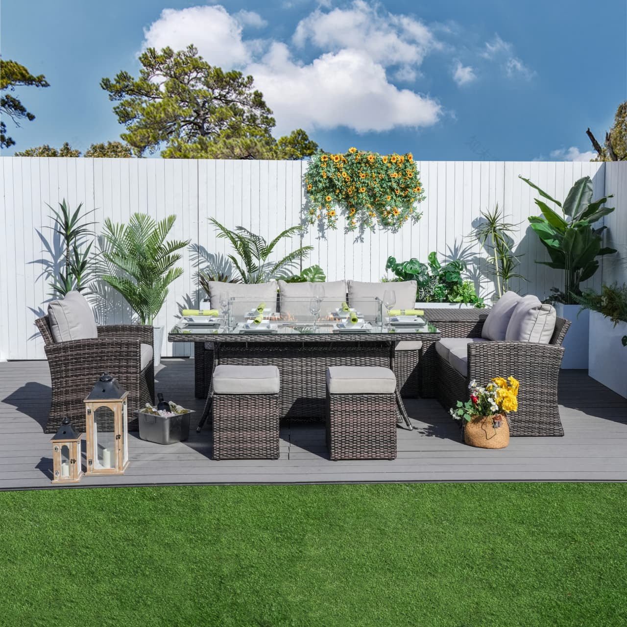 Santiago 6 - Piece Outdoor Conversation Set with Rectangular Firepit Table (PAS - 1403B+1106R) - Direct Wicker