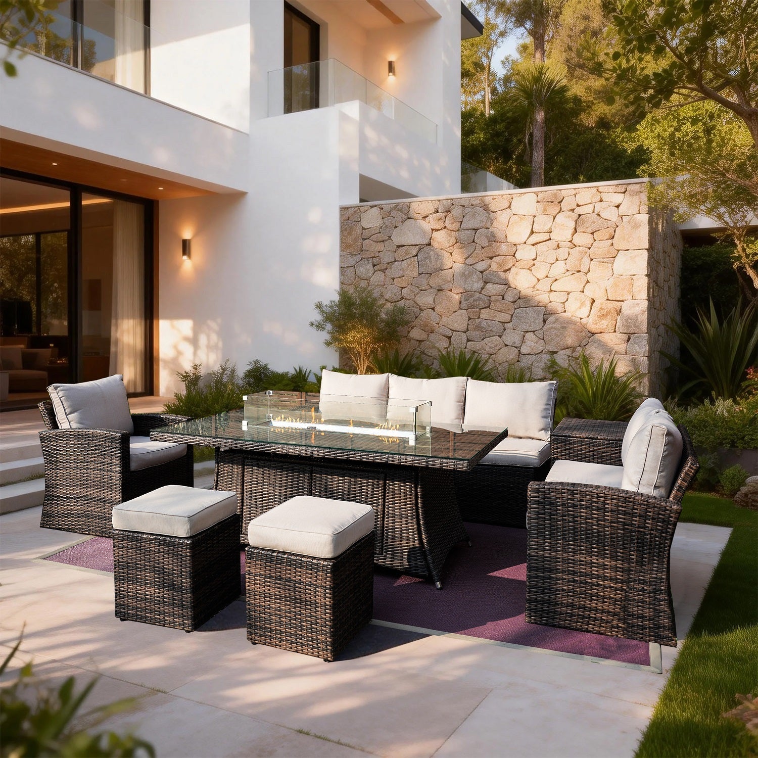 Santiago 6 - Piece Outdoor Conversation Set with Rectangular Firepit Table (PAS - 1403B+1106R) - Direct Wicker