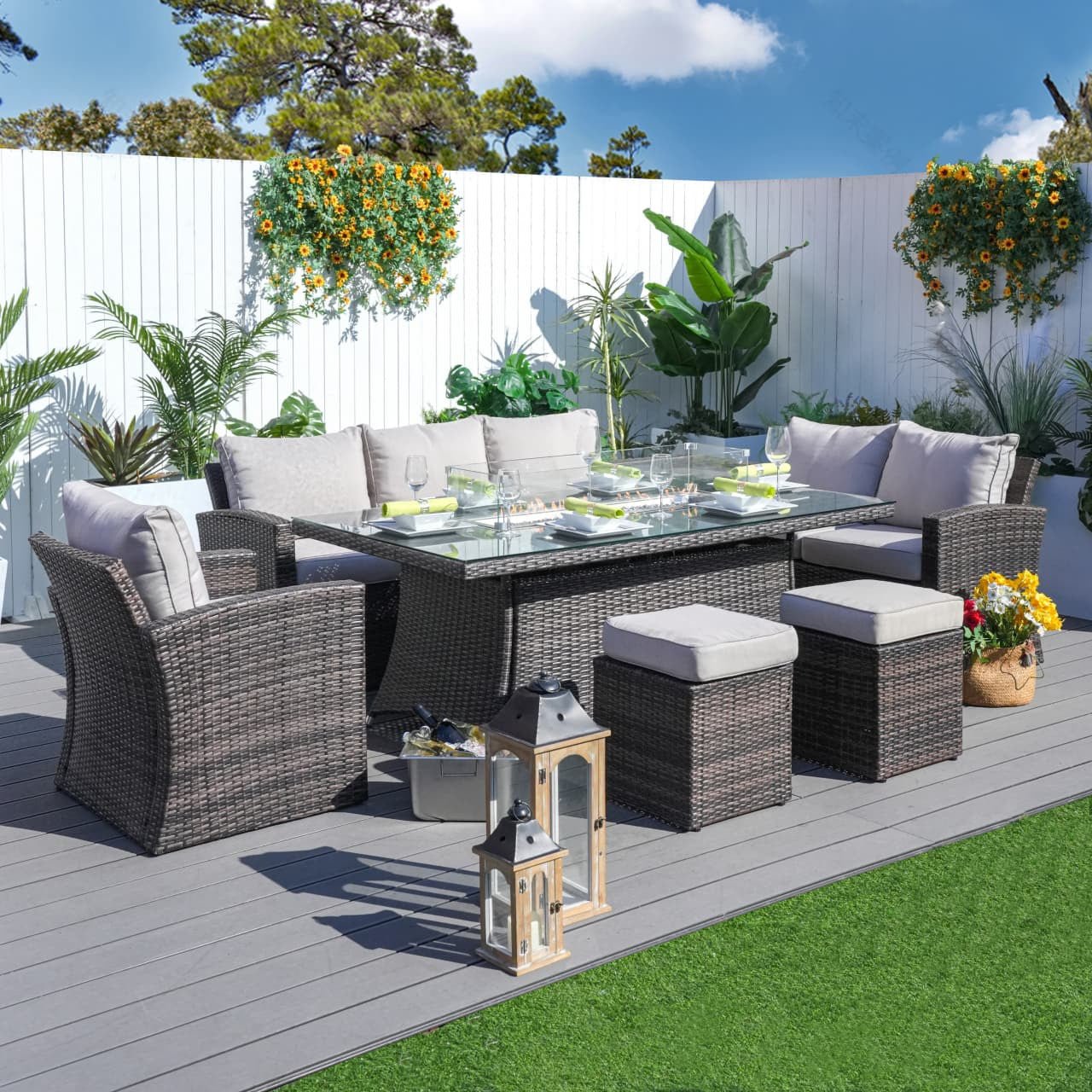 Santiago 6 - Piece Outdoor Conversation Set with Rectangular Firepit Table (PAS - 1403B+1106R) - Direct Wicker