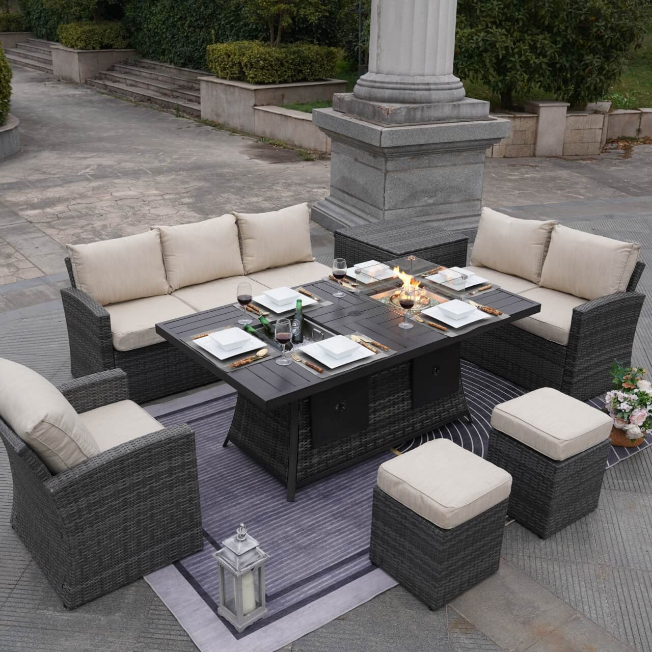 Santiago 6 - Pieces Outdoor Conversation Set with Rectangular Firepit Table (PAS - 1403B+1106FI) - Direct Wicker