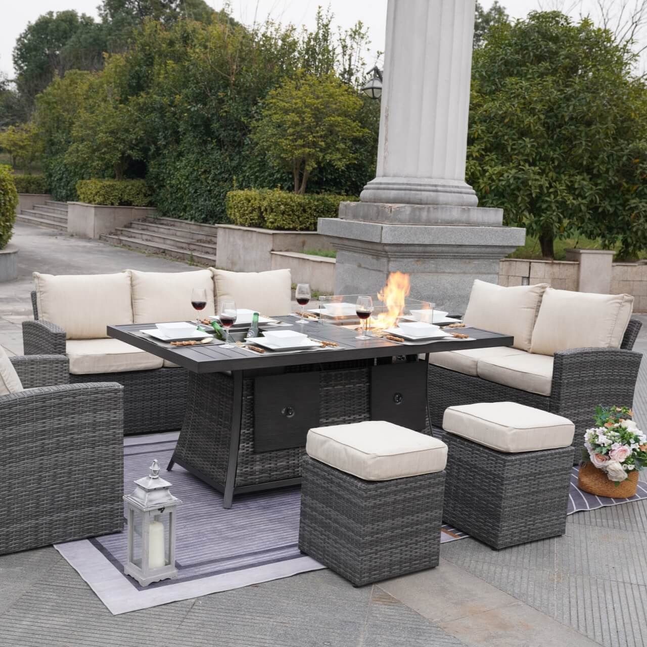 Santiago 6 - Pieces Outdoor Conversation Set with Rectangular Firepit Table (PAS - 1403B+1106FI) - Direct Wicker
