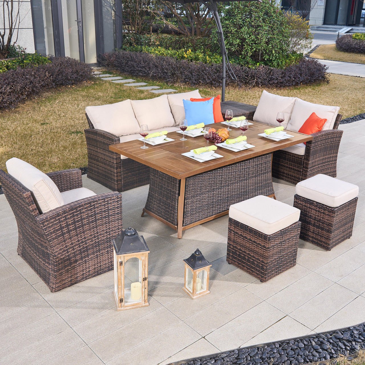 Santiago 6 - Pieces Outdoor Conversation Set with Rectangular Firepit Table (PAS - 1403B+1106FI) - Direct Wicker