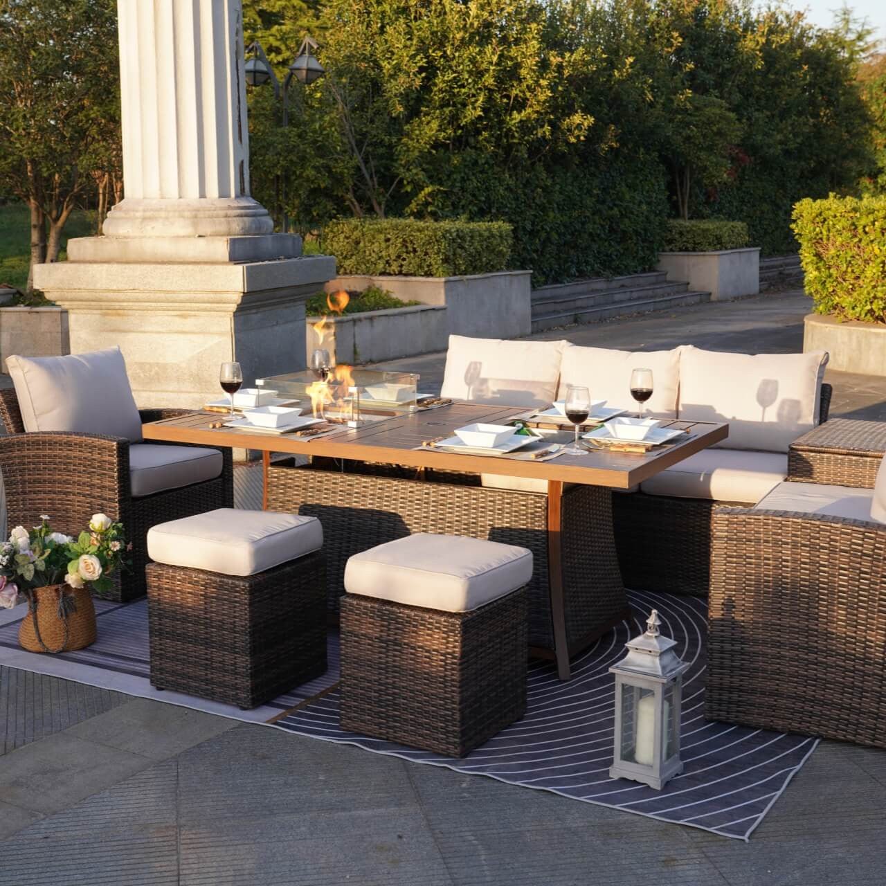 Santiago 6 - Pieces Outdoor Conversation Set with Rectangular Firepit Table (PAS - 1403B+1106FI) - Direct Wicker