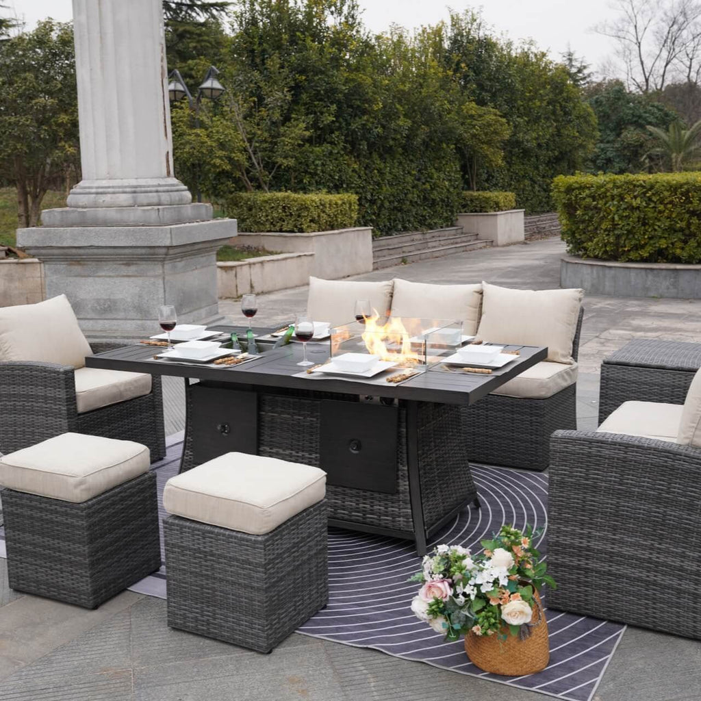 Santiago 6 - Pieces Outdoor Conversation Set with Rectangular Firepit Table (PAS - 1403B+1106FI) - Direct Wicker