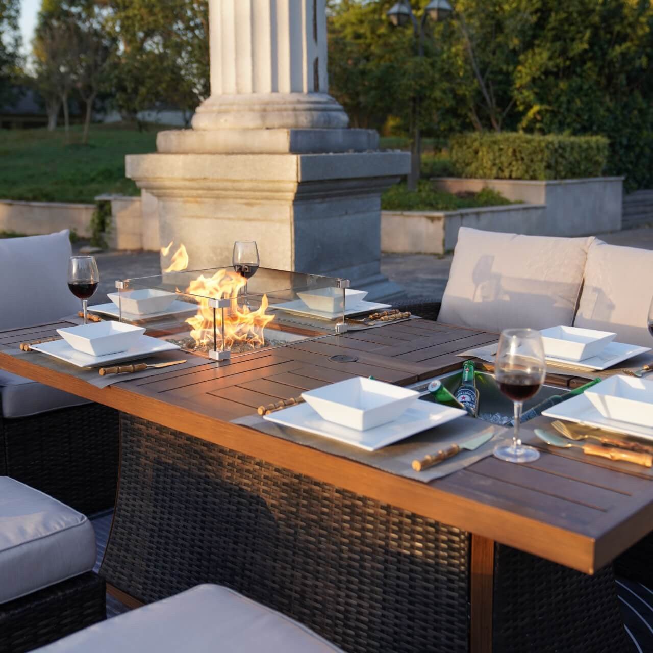 Santiago 6 - Pieces Outdoor Conversation Set with Rectangular Firepit Table (PAS - 1403B+1106FI) - Direct Wicker