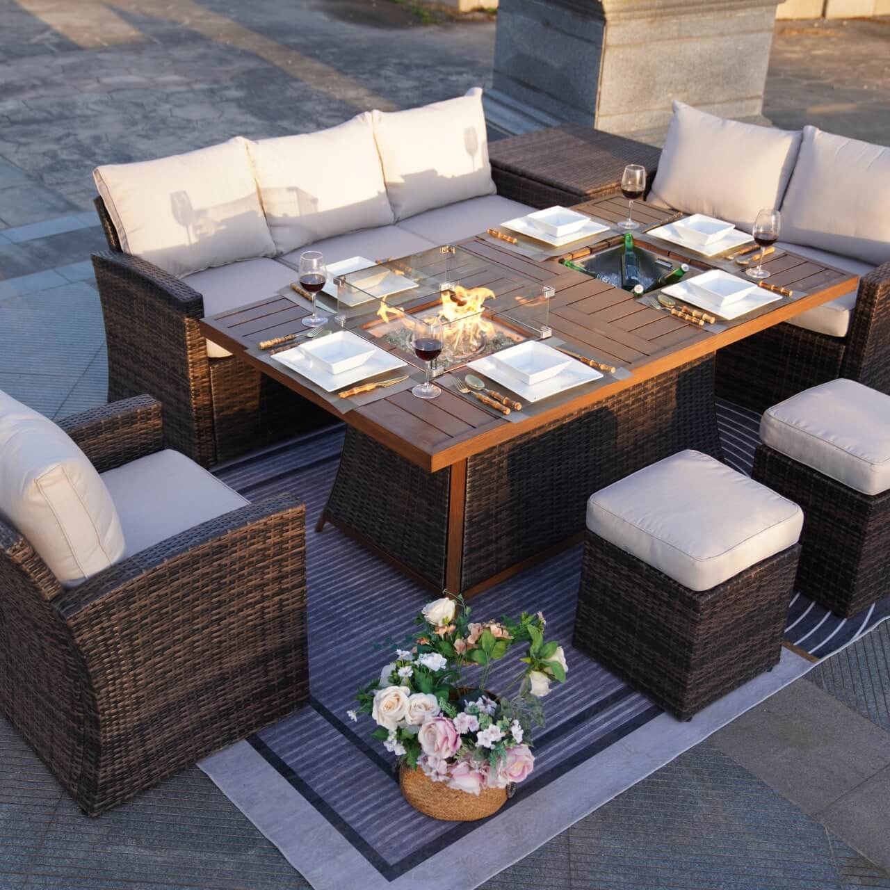 Santiago 6 - Pieces Outdoor Conversation Set with Rectangular Firepit Table (PAS - 1403B+1106FI) - Direct Wicker