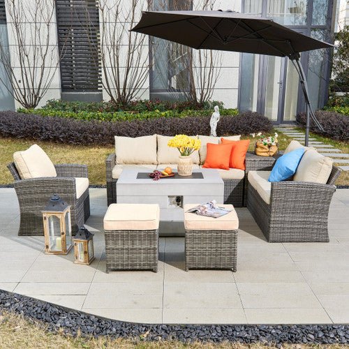 Santiago 6 - Pieces Outdoor Conversation Set with Rectangular Firepit Table (PAS - 1403B+2150) - Direct Wicker