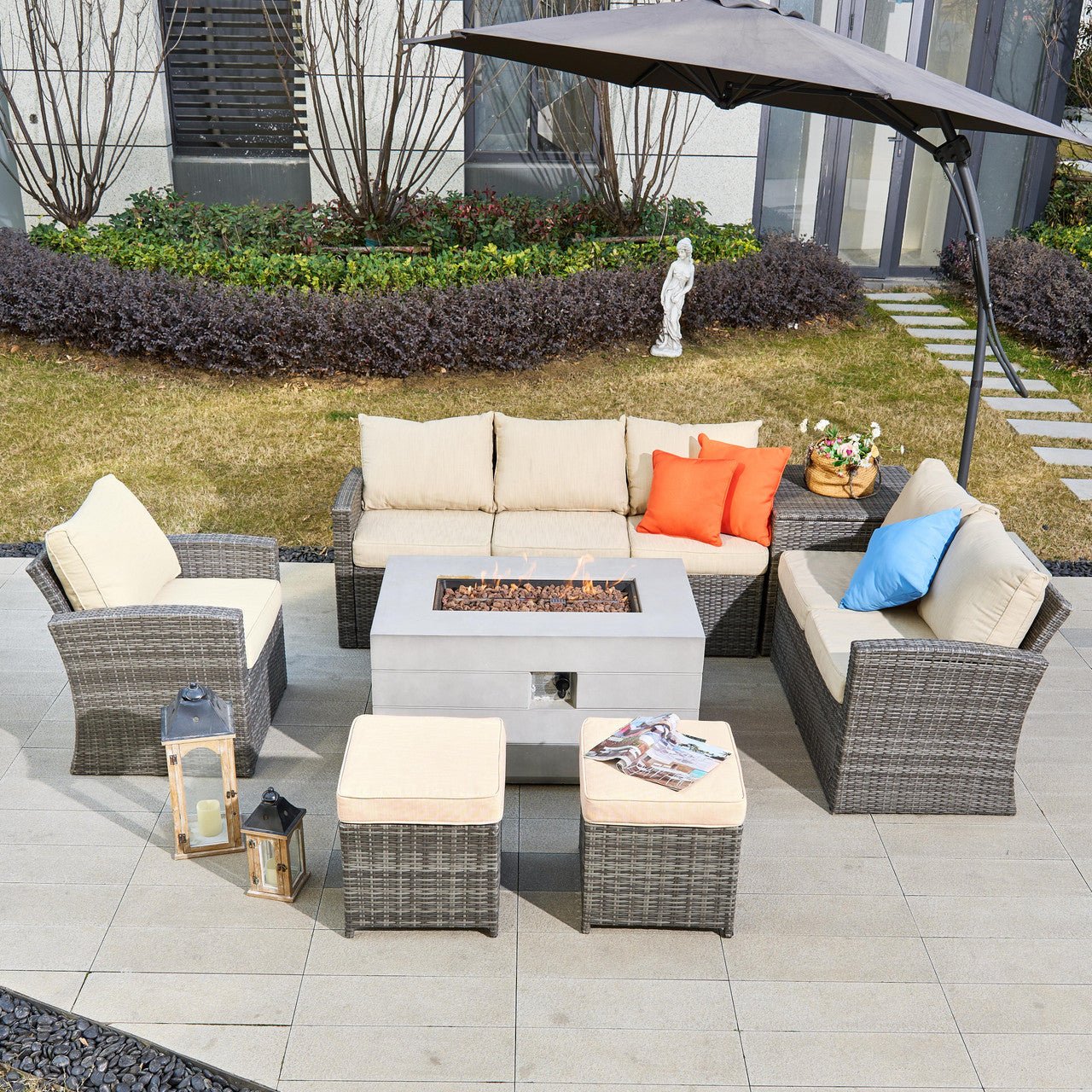 Santiago 6 - Pieces Outdoor Conversation Set with Rectangular Firepit Table (PAS - 1403B+2150) - Direct Wicker