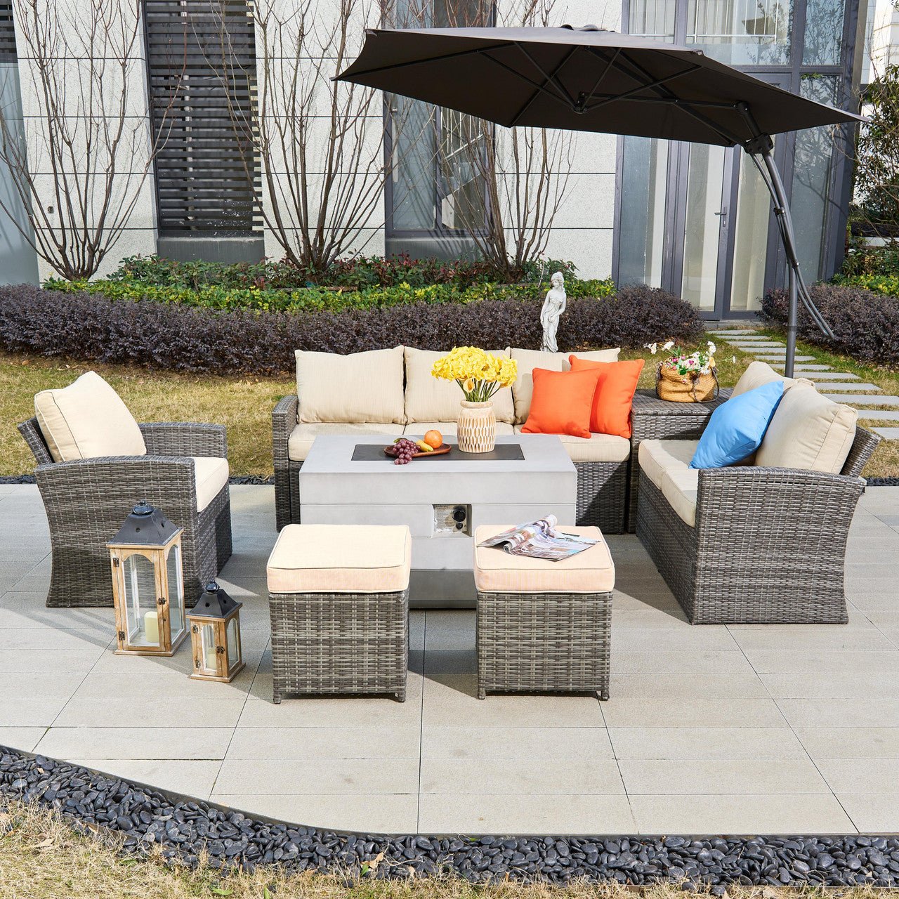 Santiago 6 - Pieces Outdoor Conversation Set with Rectangular Firepit Table (PAS - 1403B+2150) - Direct Wicker