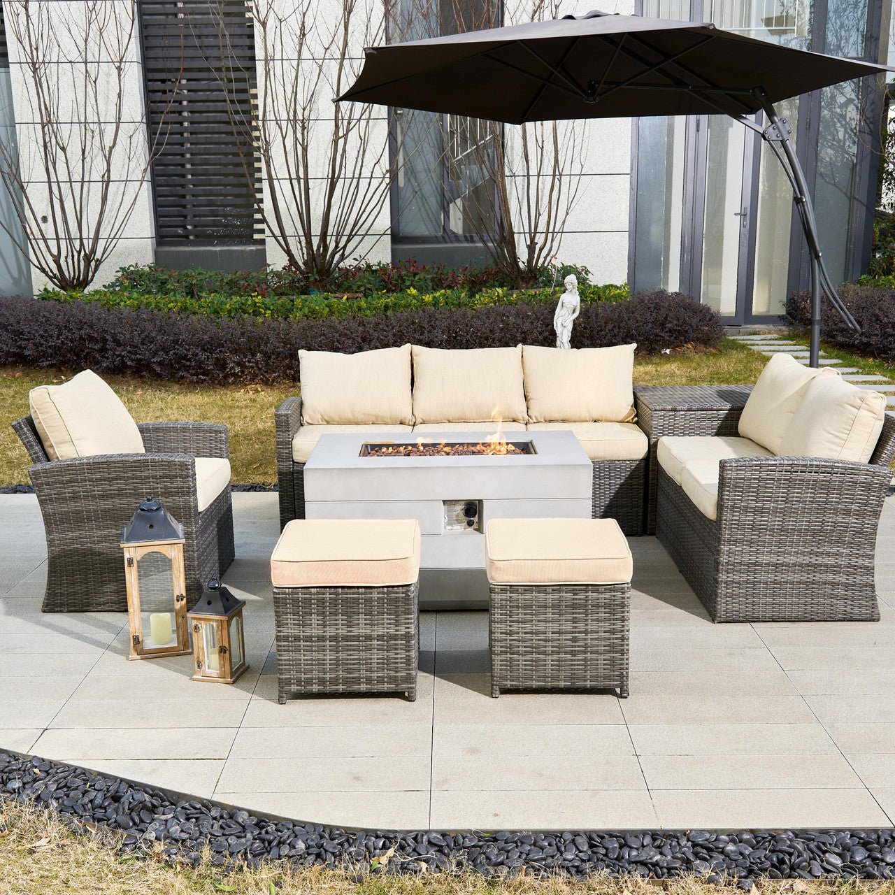 Santiago 6 - Pieces Outdoor Conversation Set with Rectangular Firepit Table (PAS - 1403B+2150) - Direct Wicker
