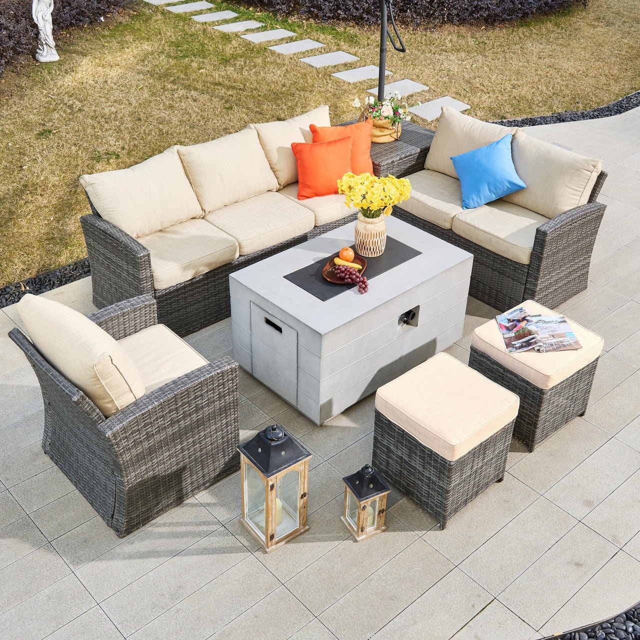 Santiago 6 - Pieces Outdoor Conversation Set with Rectangular Firepit Table (PAS - 1403B+2150) - Direct Wicker