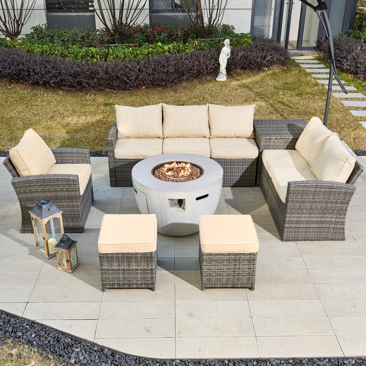 Santiago 6 - Pieces Outdoor Conversation Set with Round Firepit Table (PAS - 1403B+2160) - Direct Wicker