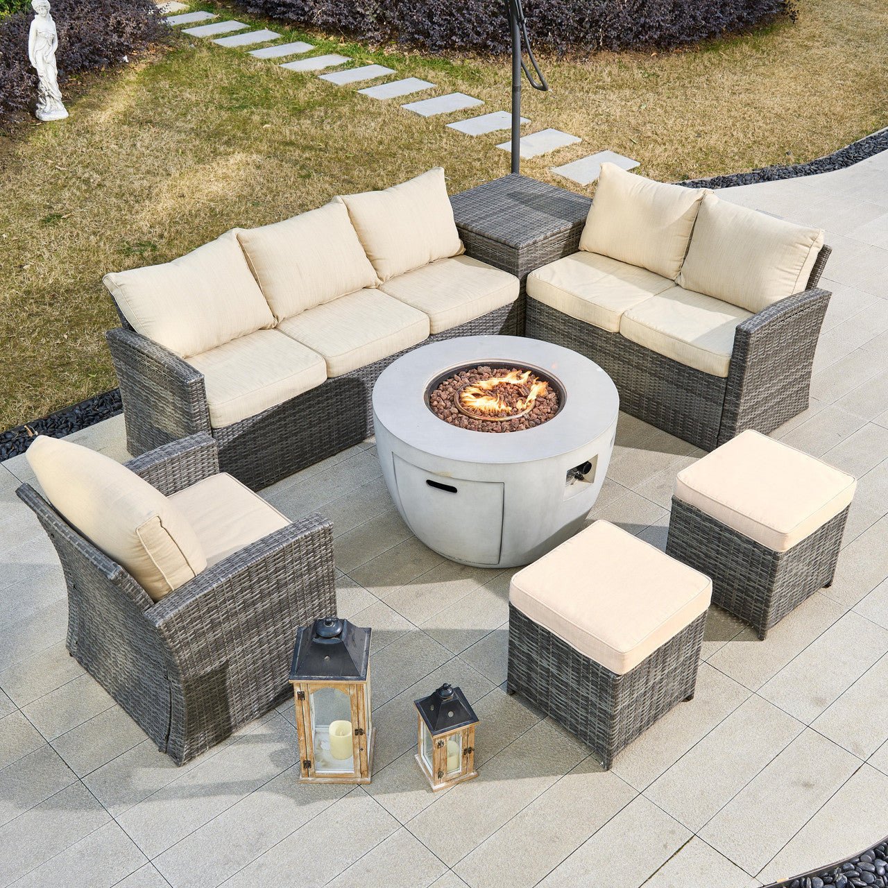 Santiago 6 - Pieces Outdoor Conversation Set with Round Firepit Table (PAS - 1403B+2160) - Direct Wicker