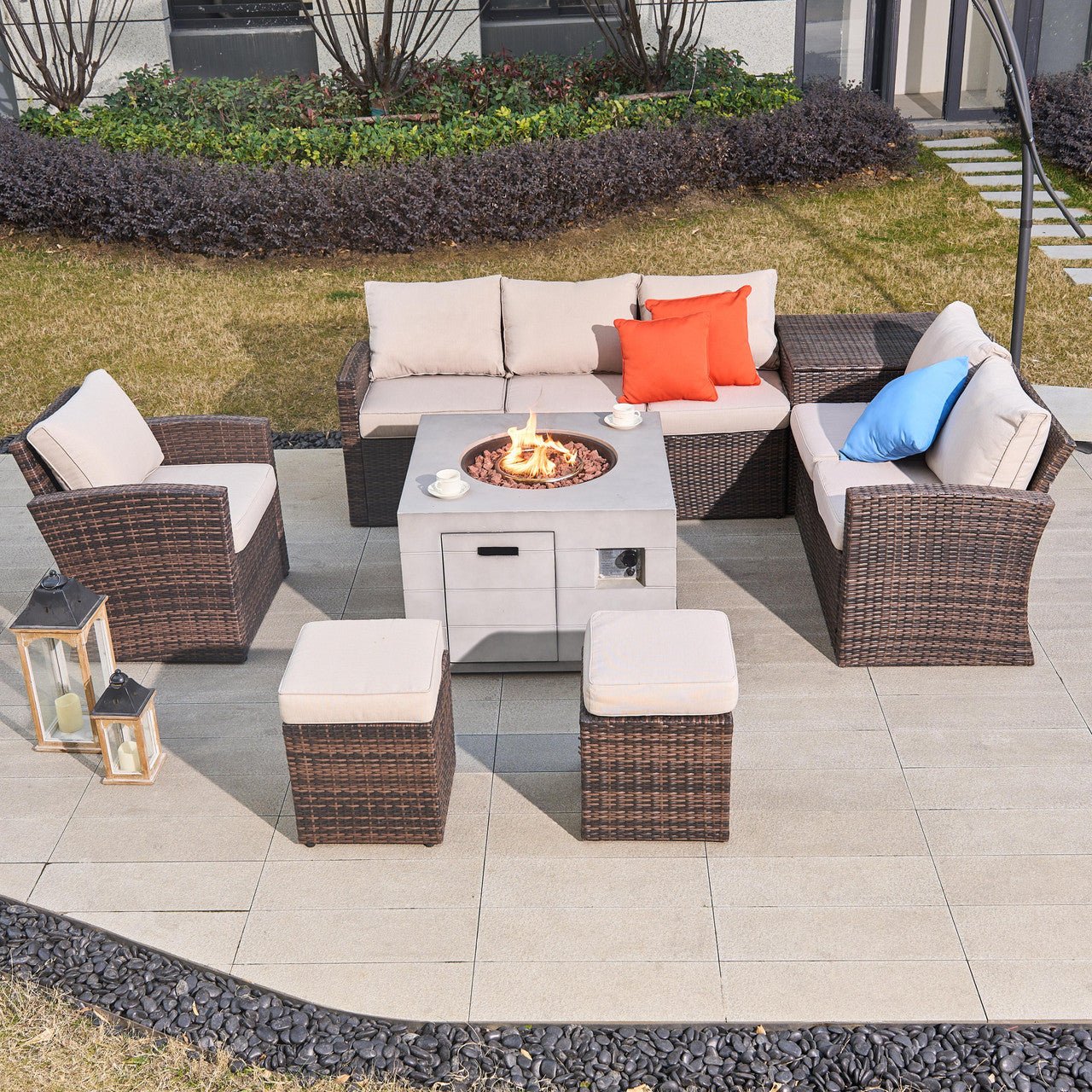 Santiago 6 - Pieces Outdoor Conversation Set with Square Fire Pit Table (PAS - 1403B - BR+2140) - Direct Wicker