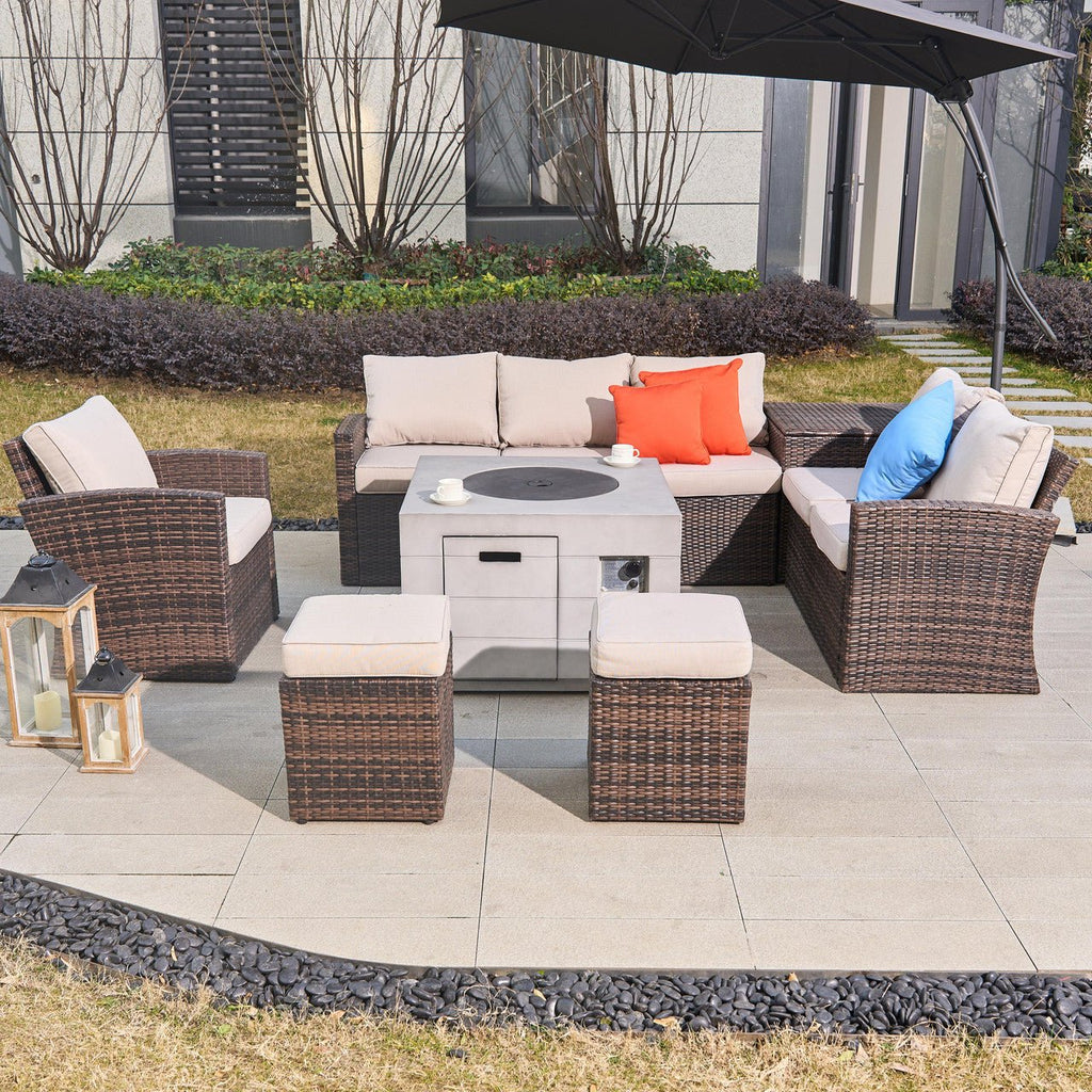 Santiago 6 - Pieces Outdoor Conversation Set with Square Fire Pit Table (PAS - 1403B - BR+2140) - Direct Wicker