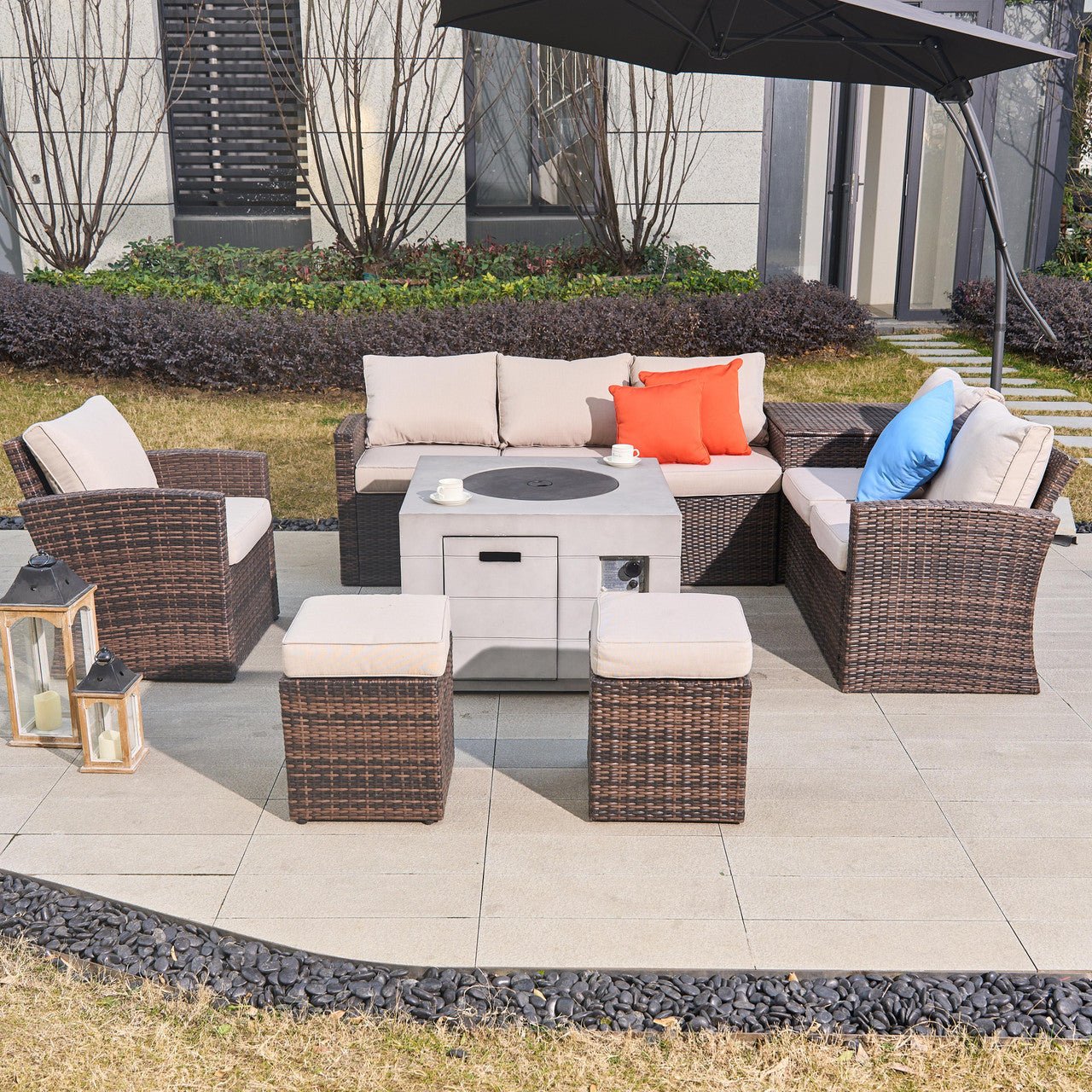 Santiago 6 - Pieces Outdoor Conversation Set with Square Fire Pit Table (PAS - 1403B - BR+2140) - Direct Wicker