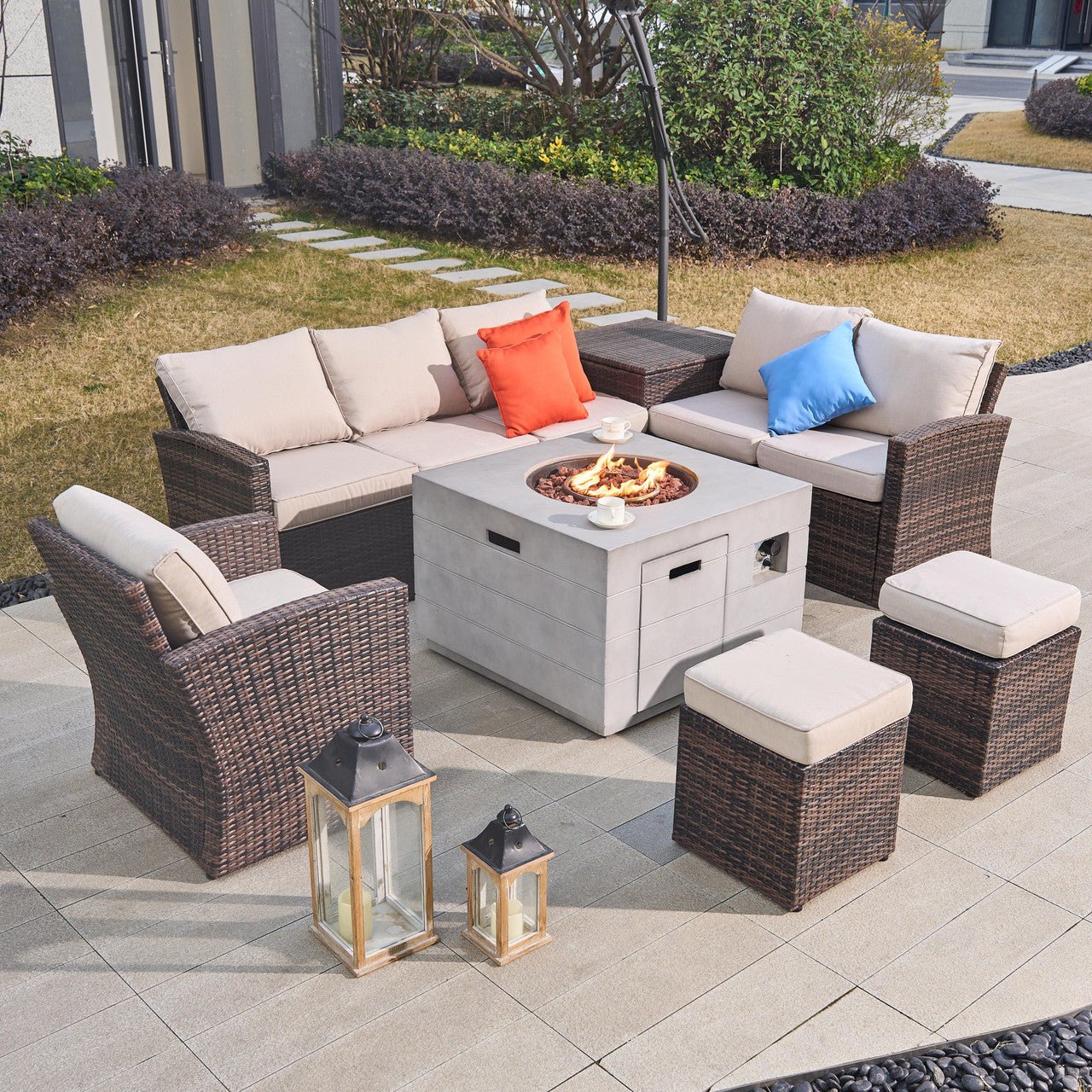 Santiago 6 - Pieces Outdoor Conversation Set with Square Fire Pit Table (PAS - 1403B - BR+2140) - Direct Wicker