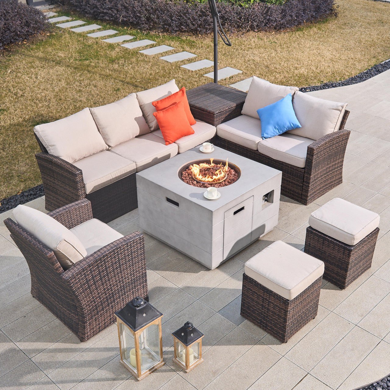 Santiago 6 - Pieces Outdoor Conversation Set with Square Fire Pit Table (PAS - 1403B - BR+2140) - Direct Wicker
