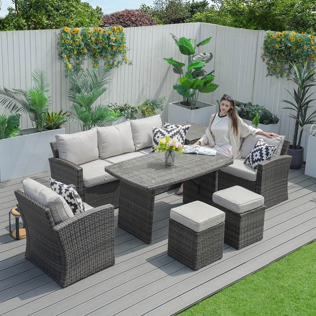 Santiago 7 - Piece Outdoor Corner Sofa Set With Rectangular Table (PAS - 1403B) - Direct Wicker