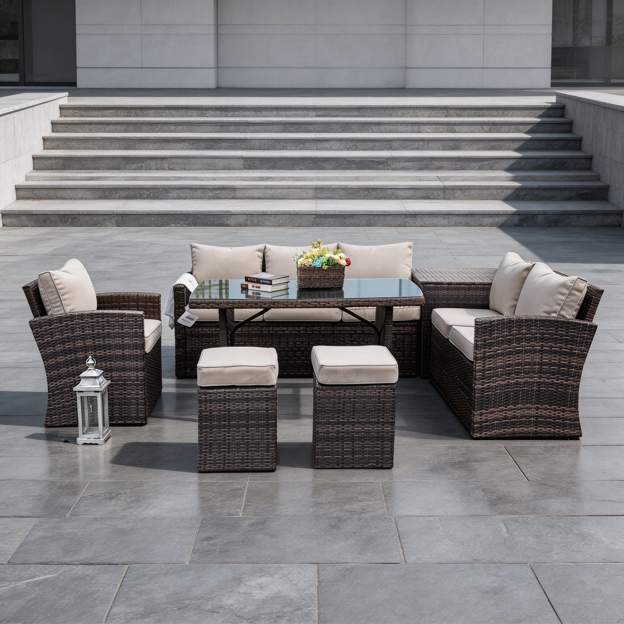 Santiago 7 - Piece Outdoor Corner Sofa Set With Rectangular Table (PAS - 1403B) - Direct Wicker