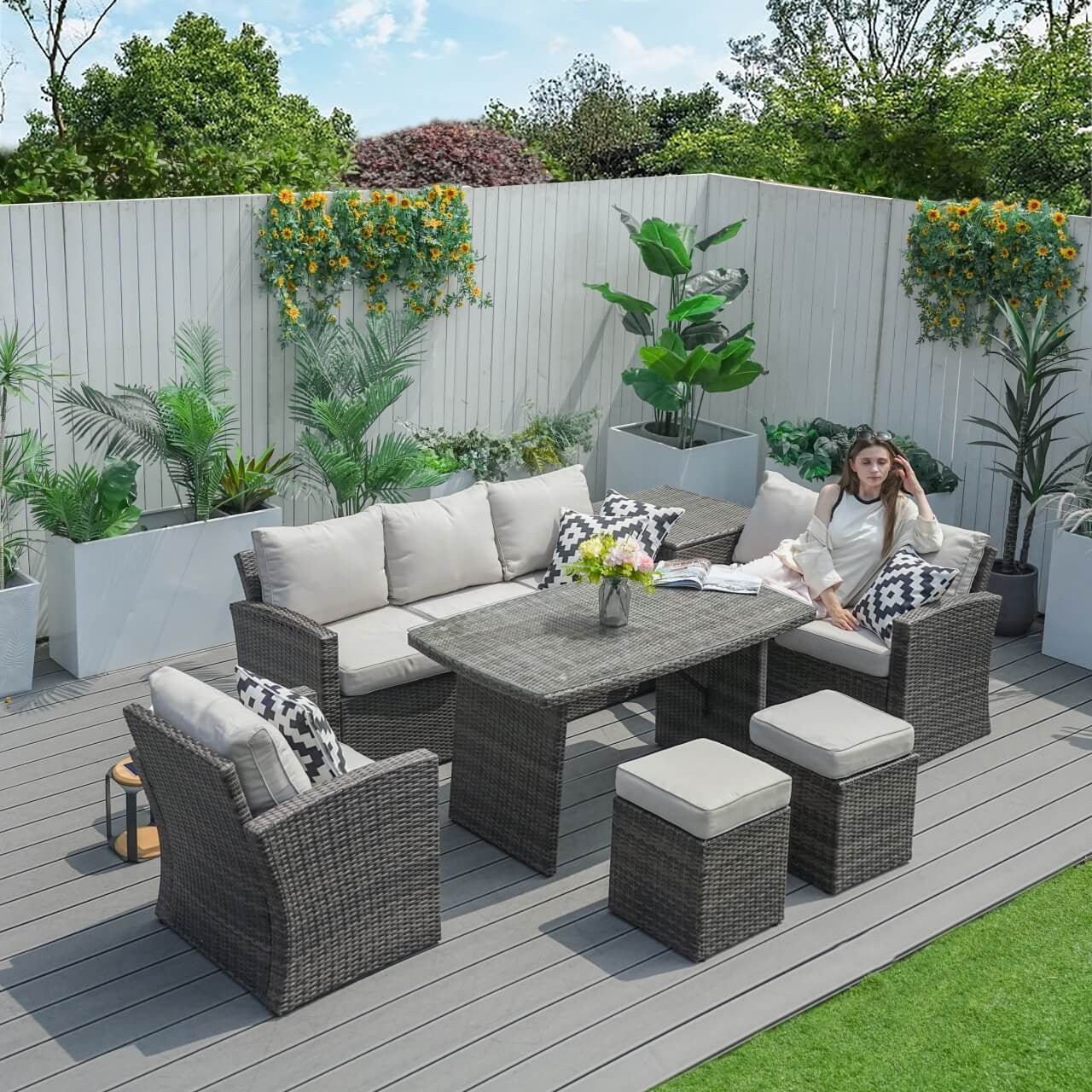 Santiago 7 - Piece Outdoor Corner Sofa Set With Rectangular Table (PAS - 1403B) - Direct Wicker