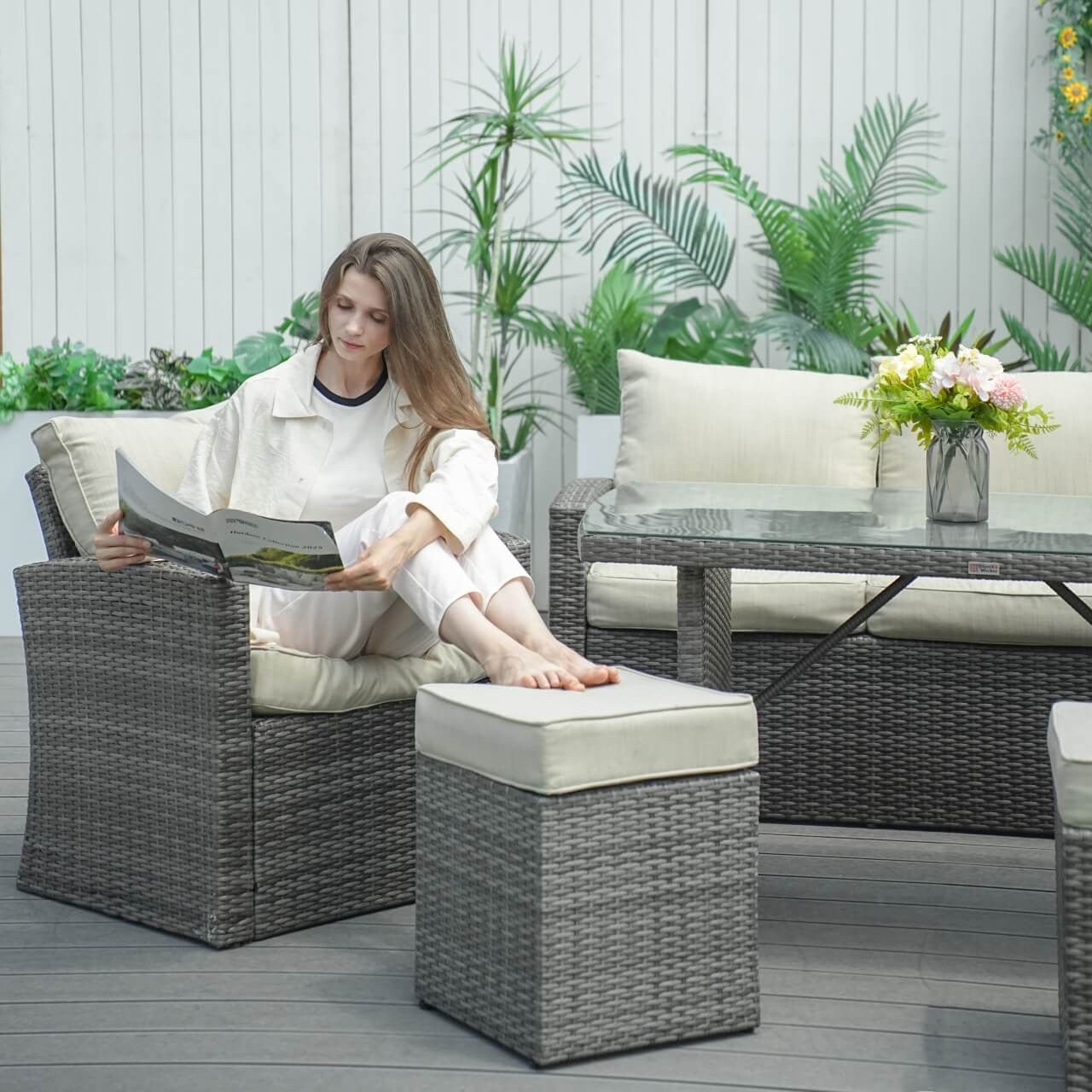 Santiago 7 - Piece Outdoor Corner Sofa Set With Rectangular Table (PAS - 1403B) - Direct Wicker