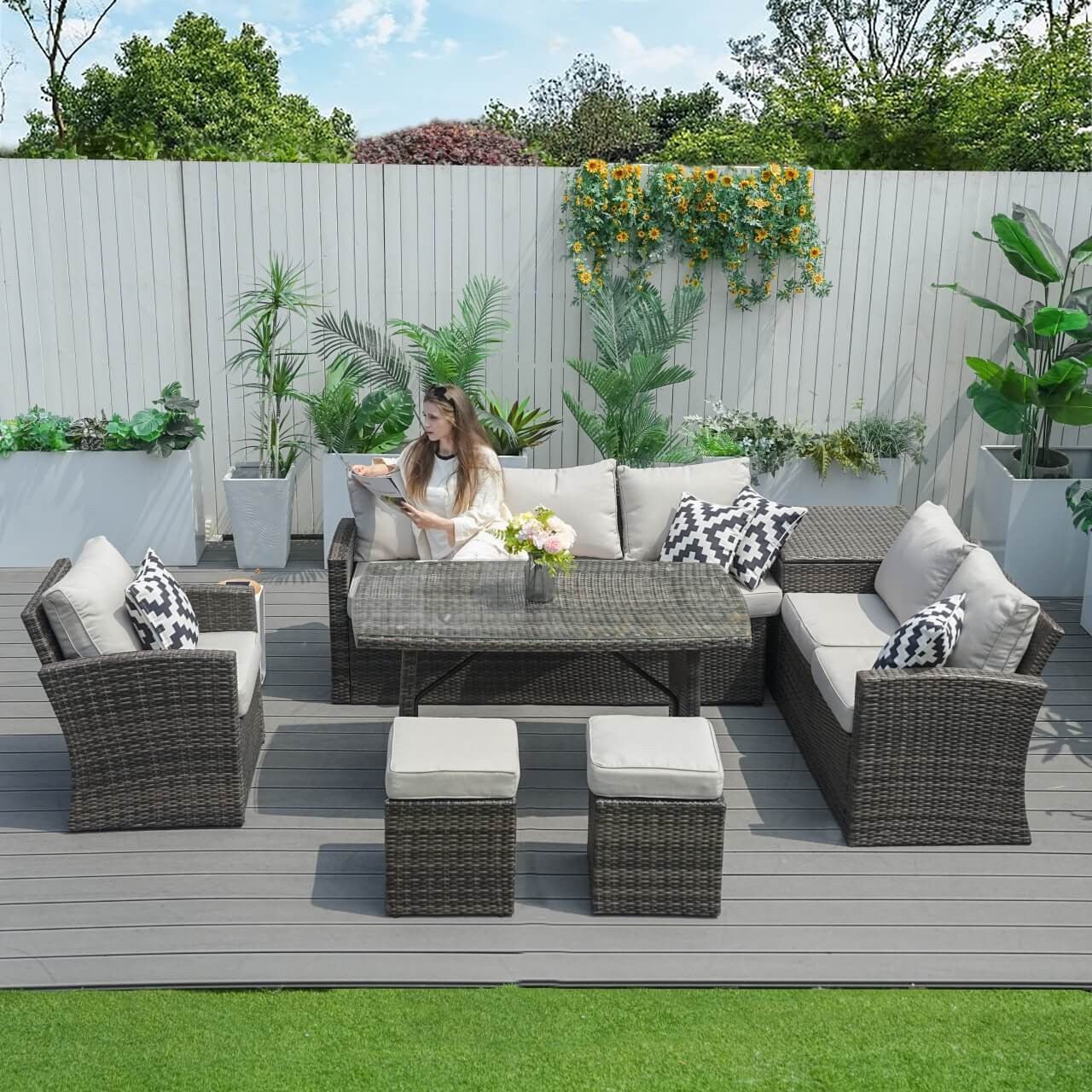 Santiago 7 - Piece Outdoor Corner Sofa Set With Rectangular Table (PAS - 1403B) - Direct Wicker